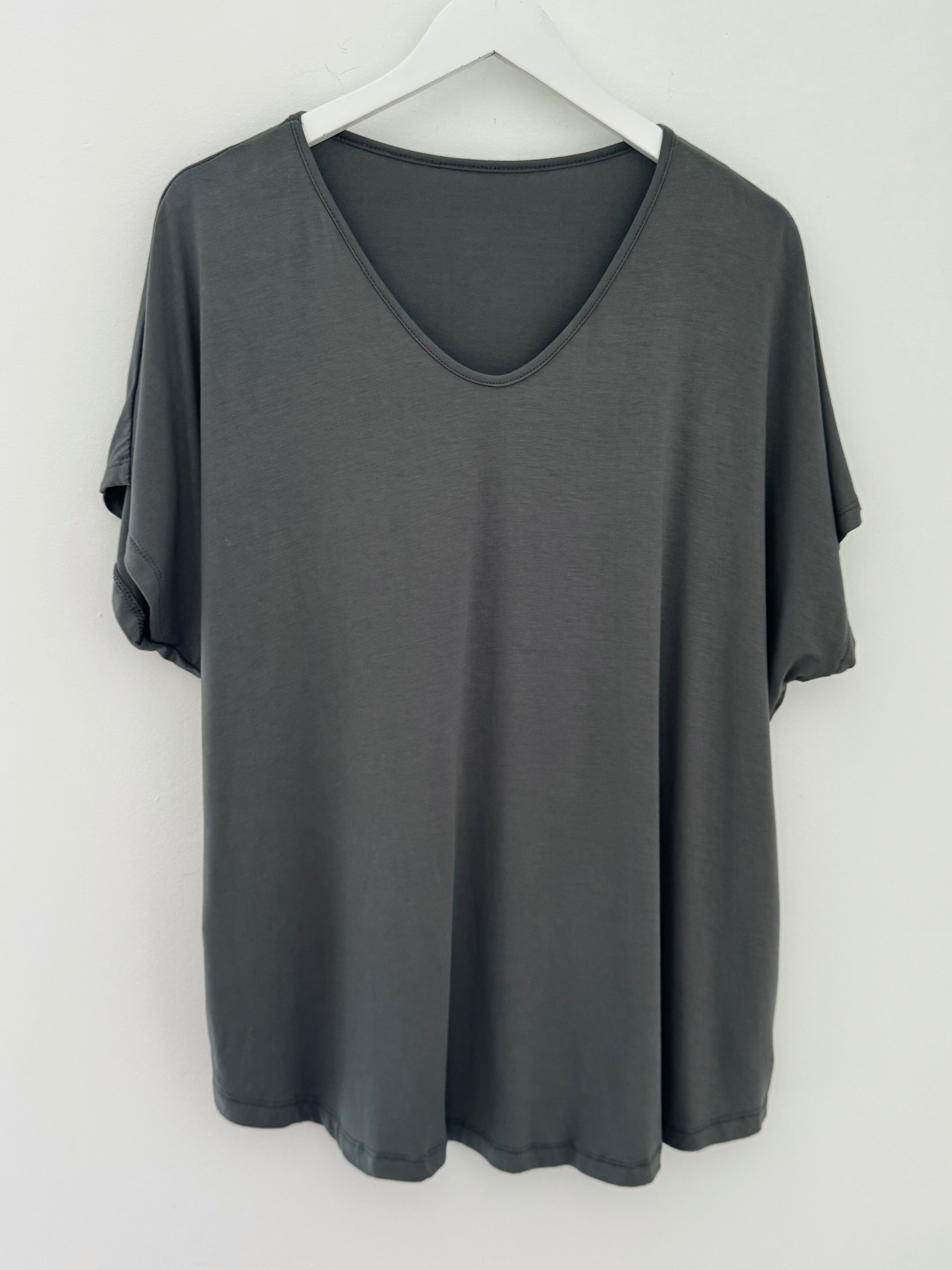 Oversized V Neck Tee in Khaki Grey