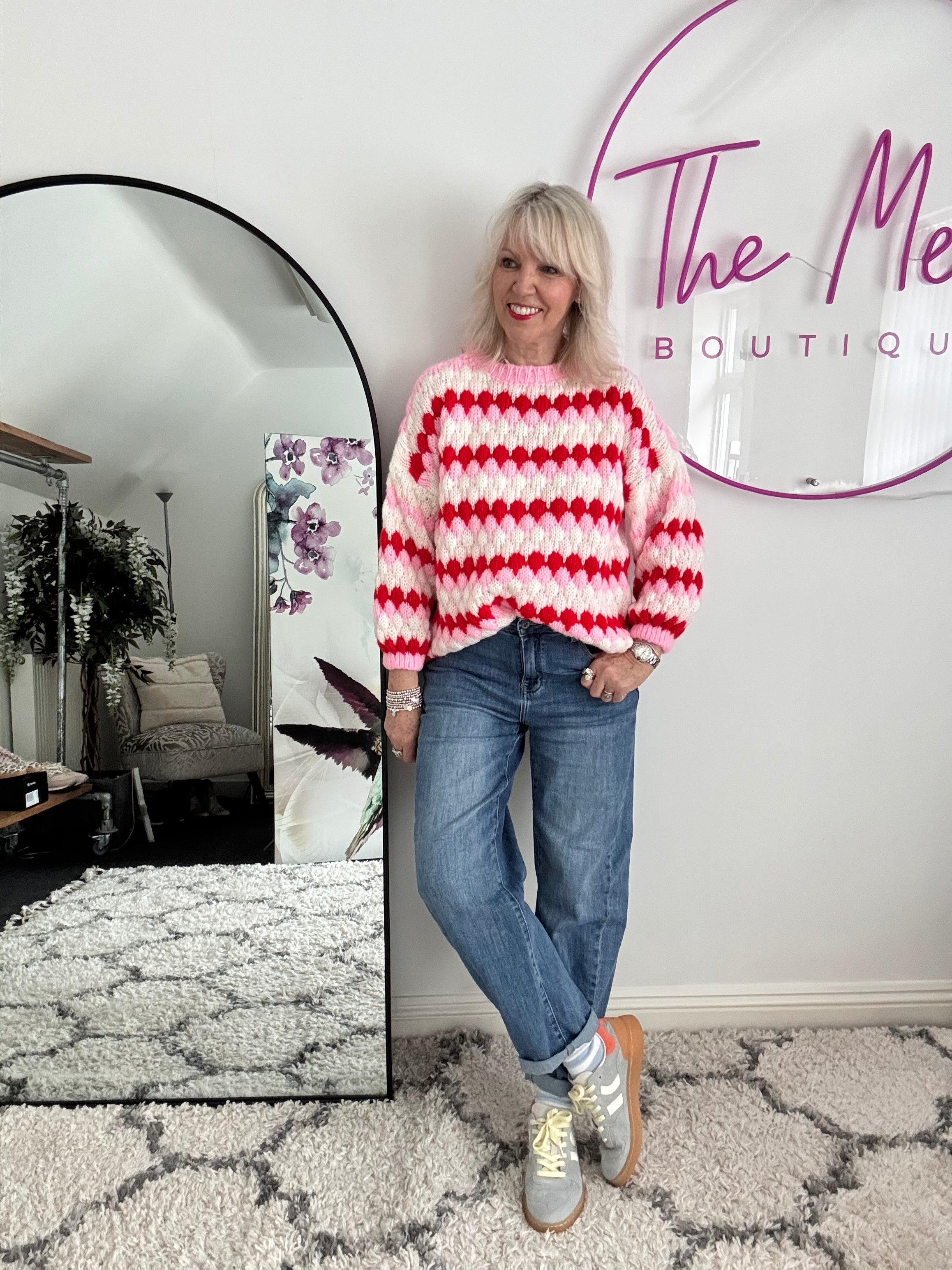 Waffle Knit Jumper in Pink & Red