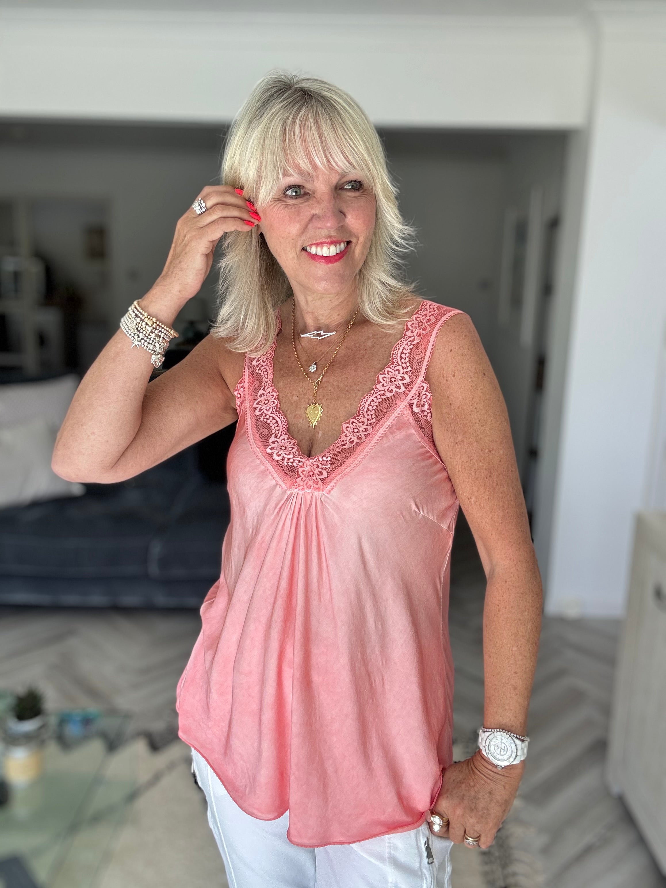 Lace Trim Silk Cami in Coral