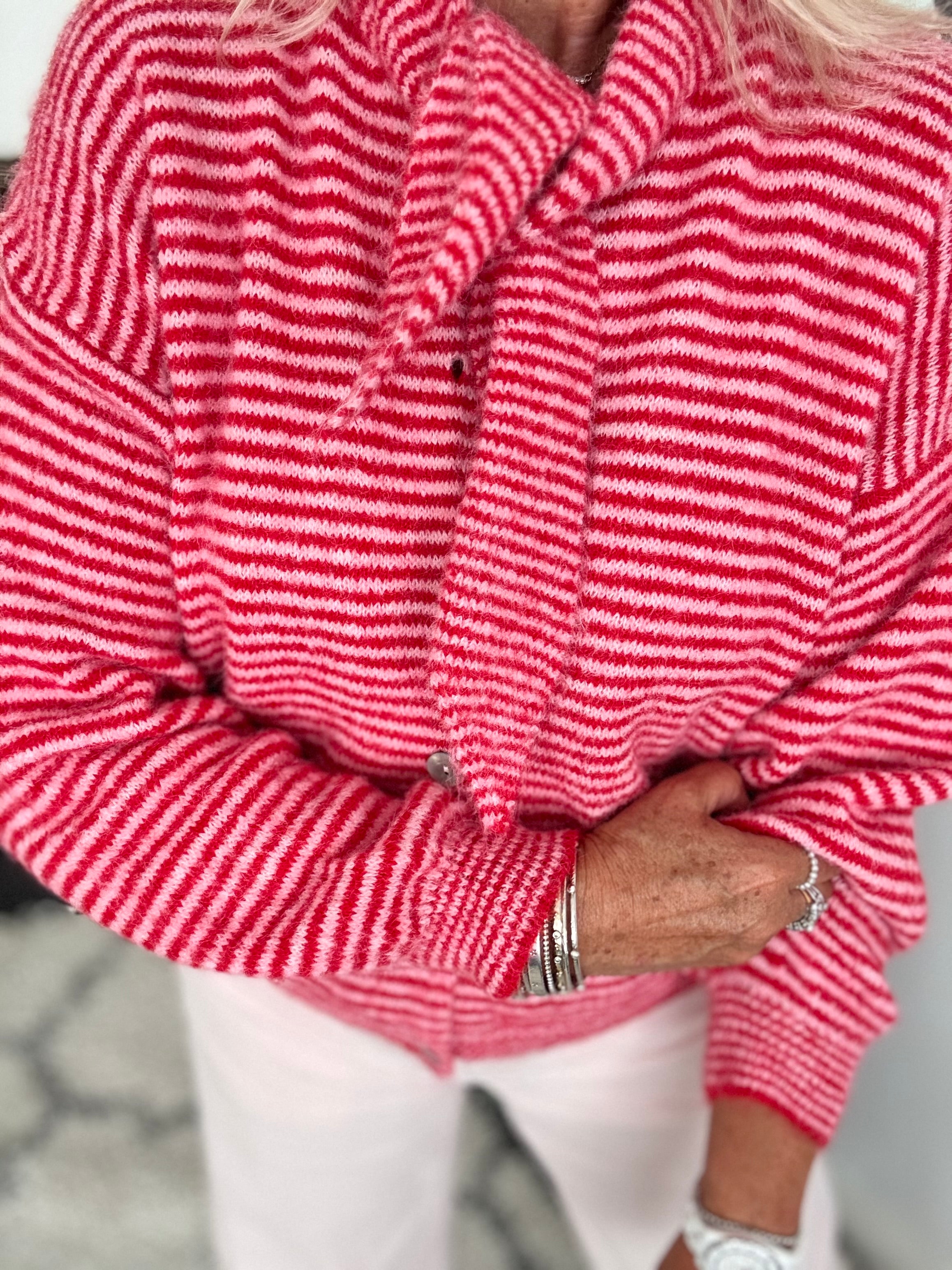 Neck Tie Stripe Cardi in Pink & Red