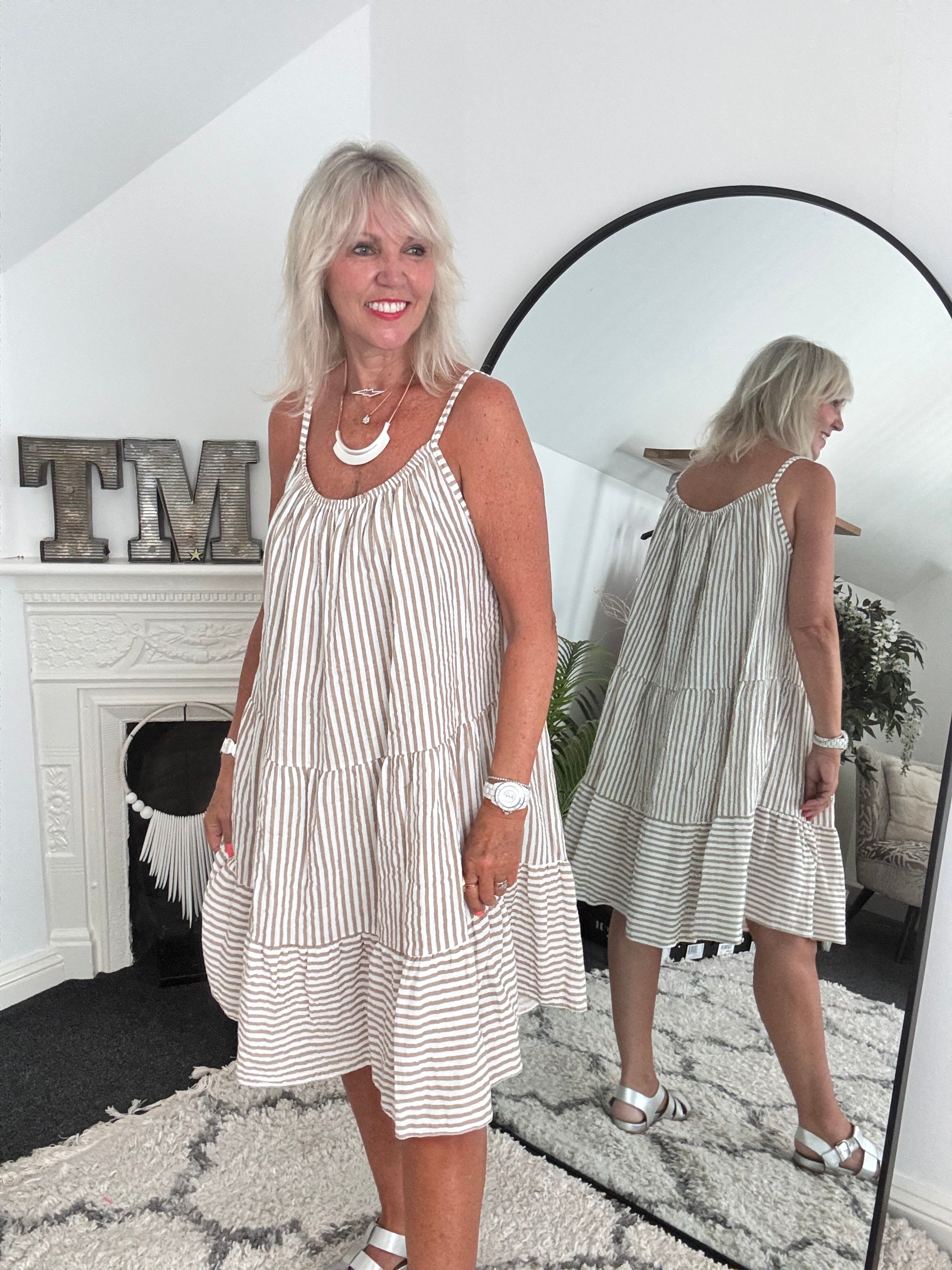 Stripe Cheesecloth Dress in Mocha & White