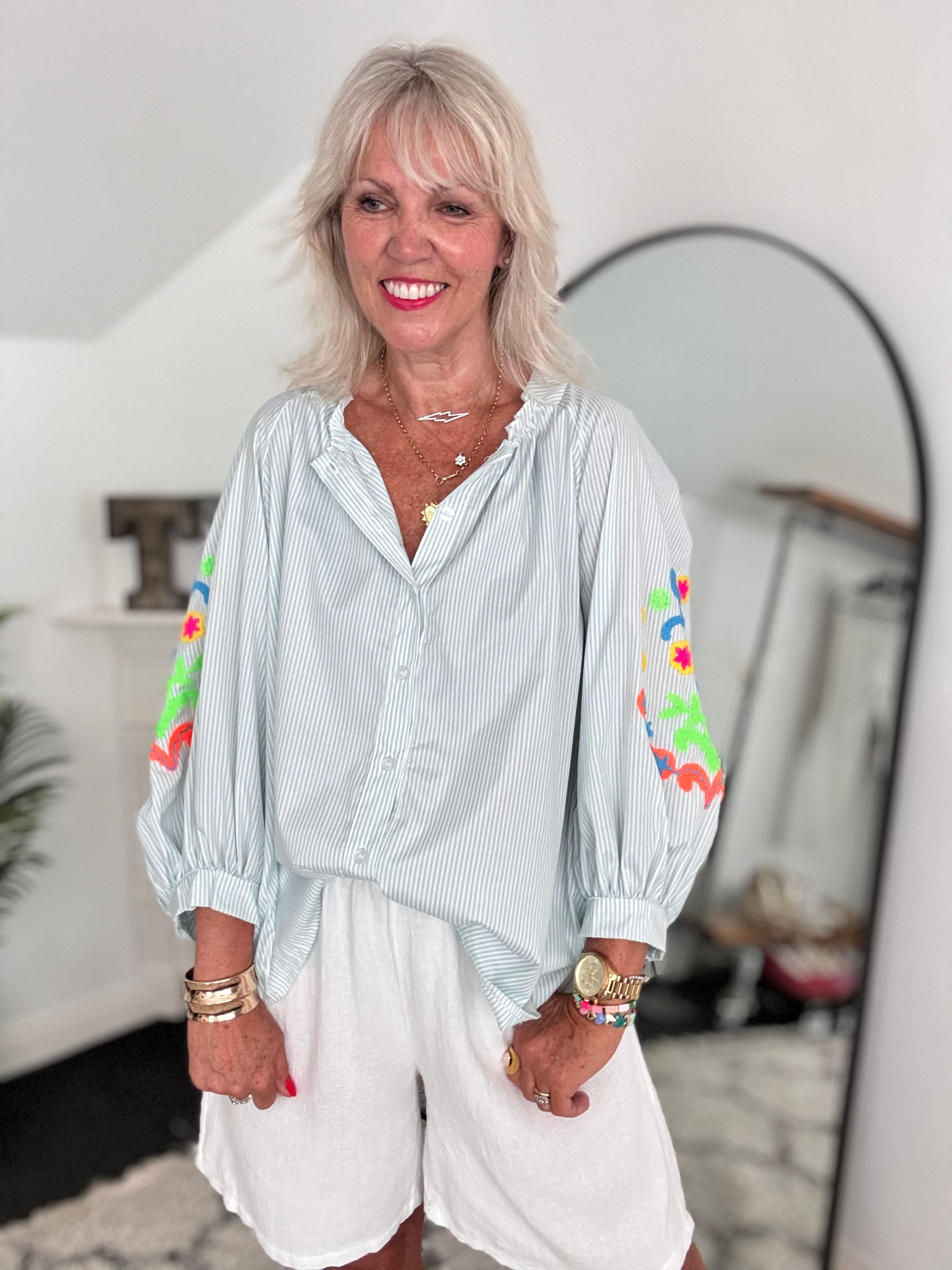 Designer Stripe Shirt with Neon Embroidered Sleeves in Seafoam Green