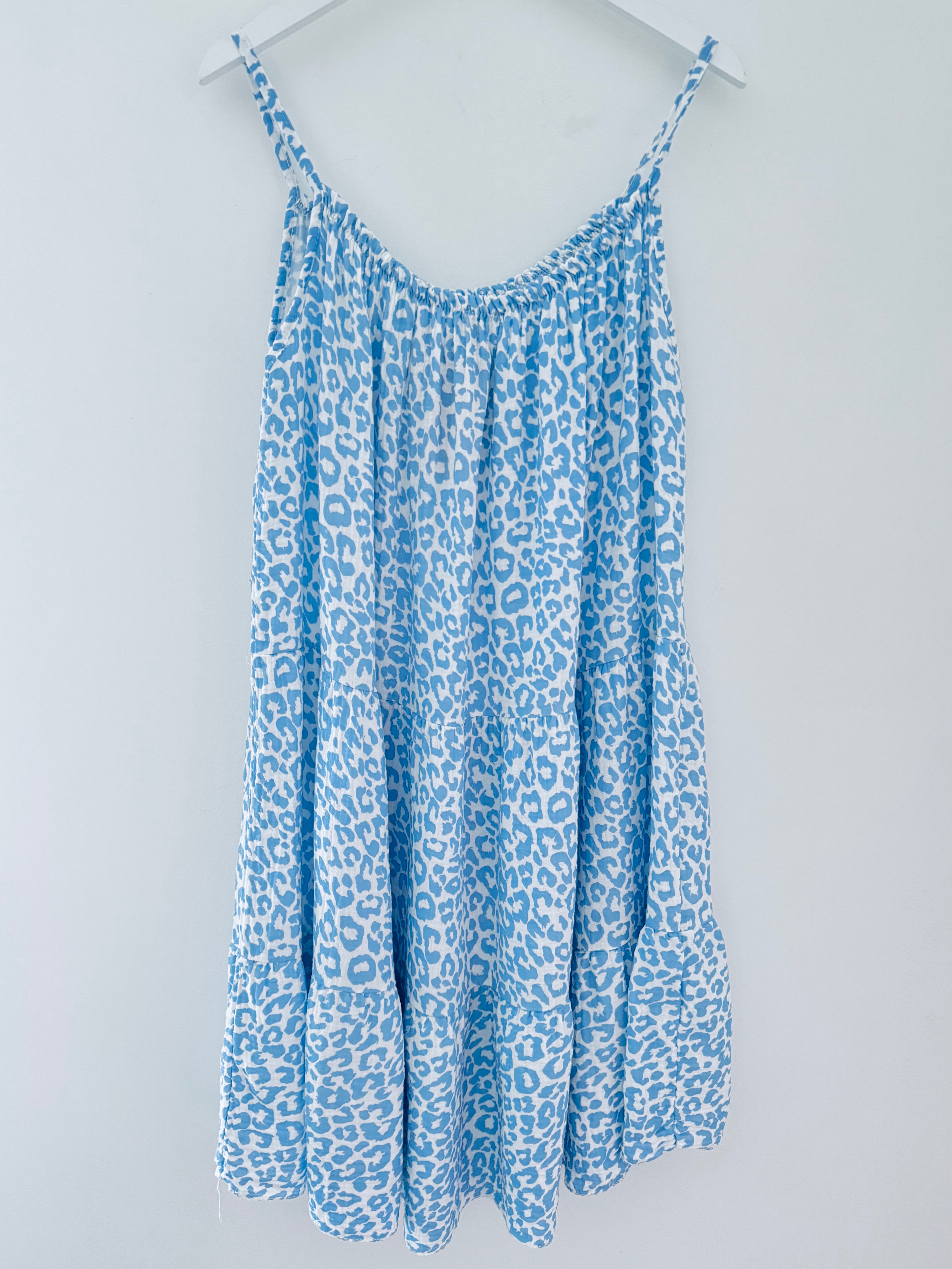 Leopard Cheesecloth Dress in Blue & White