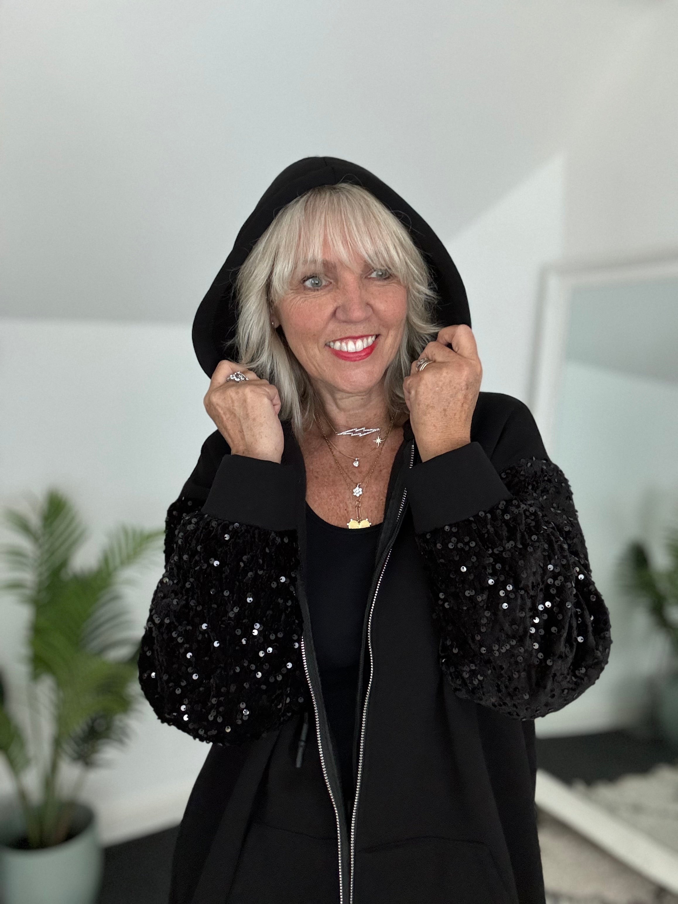 Hooded Jacket with Velvet Sequin Arms in Black