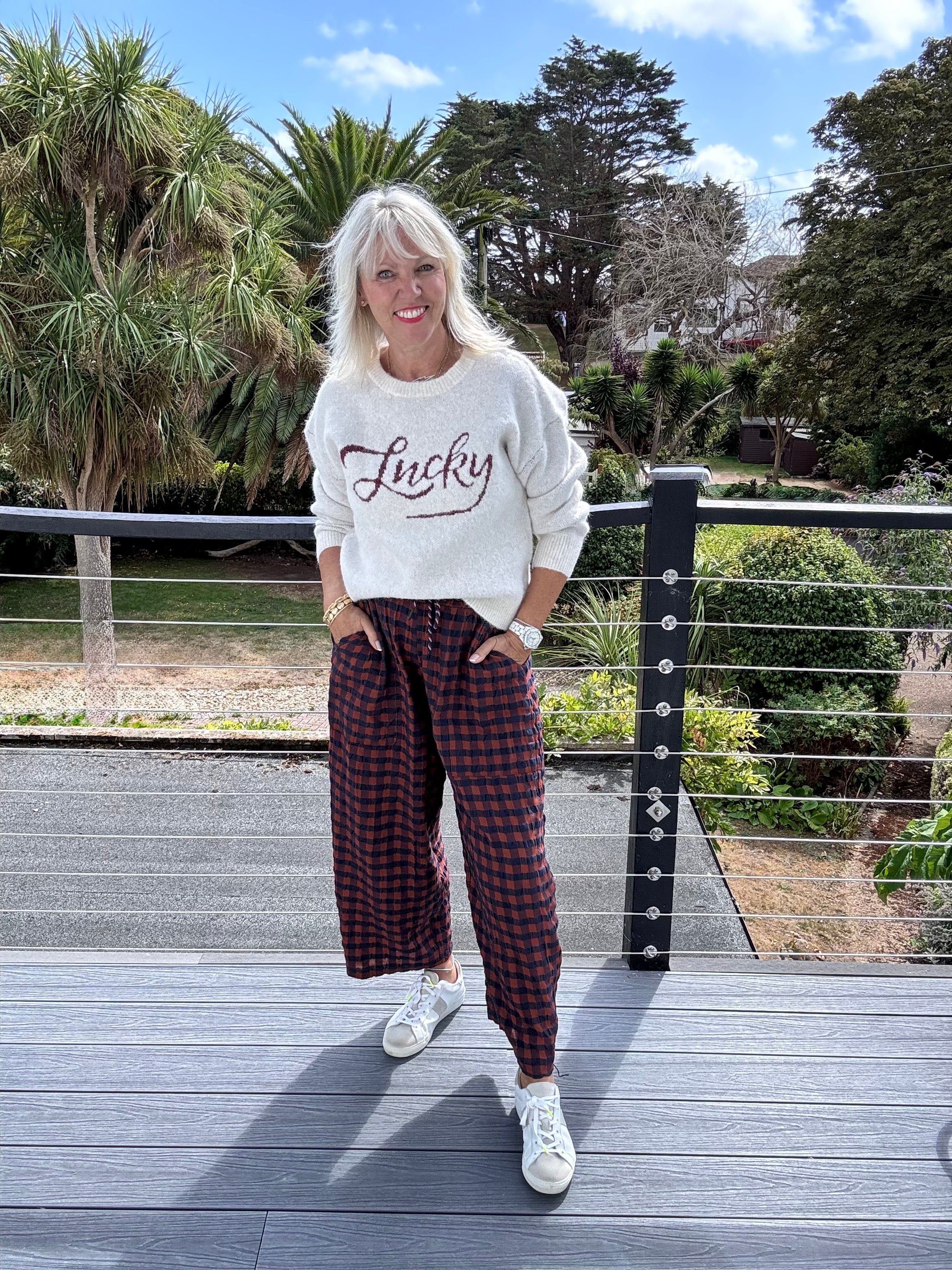 Barrel Check Trousers in Rust & Navy