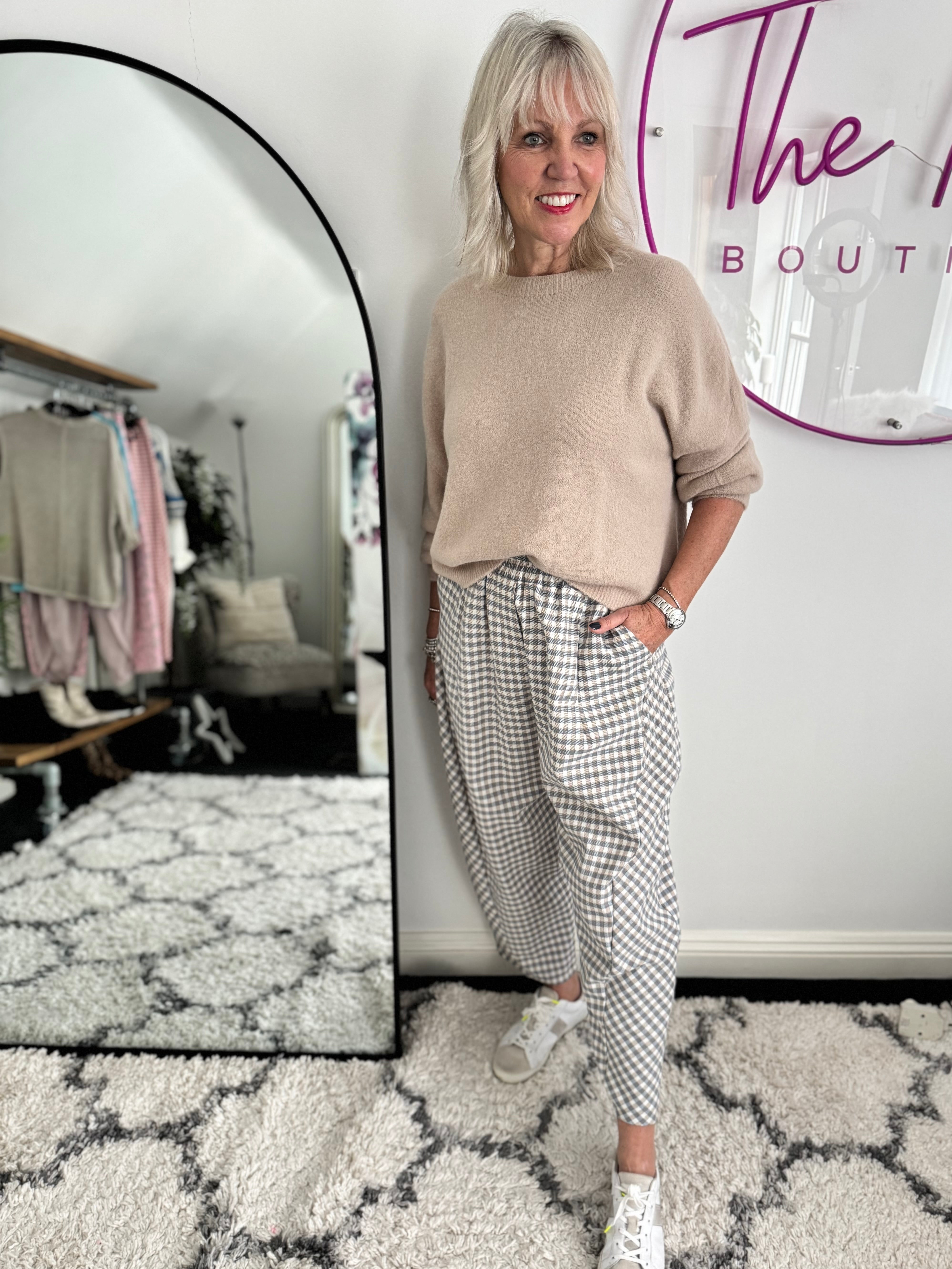 Barrel Check Trousers in Blue & Stone