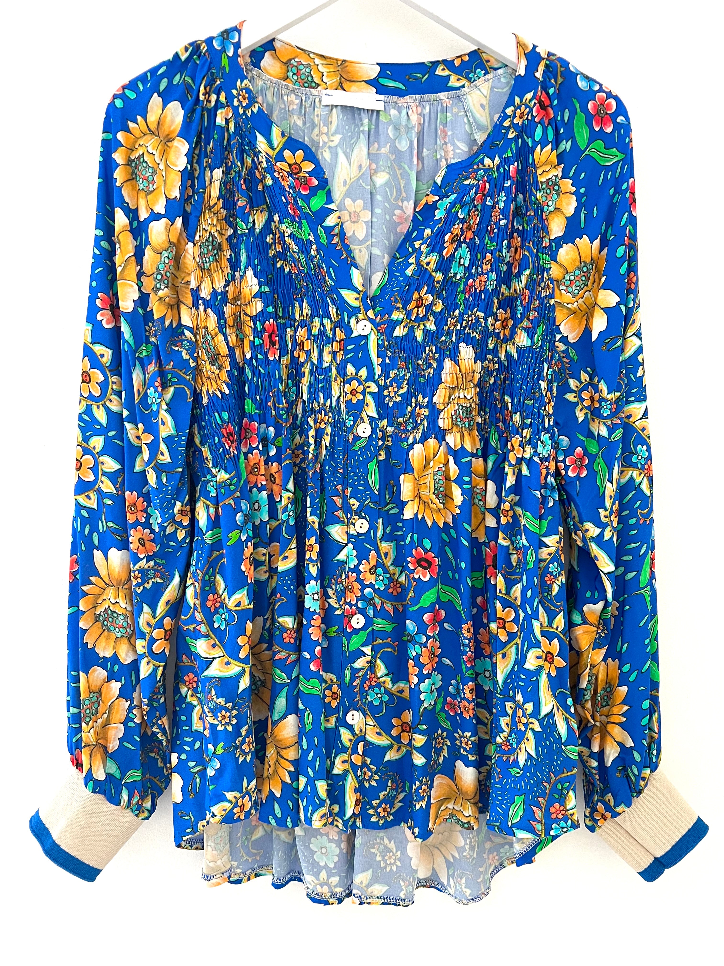 Floral Blouse with Elasticated Cuffs in Cobalt