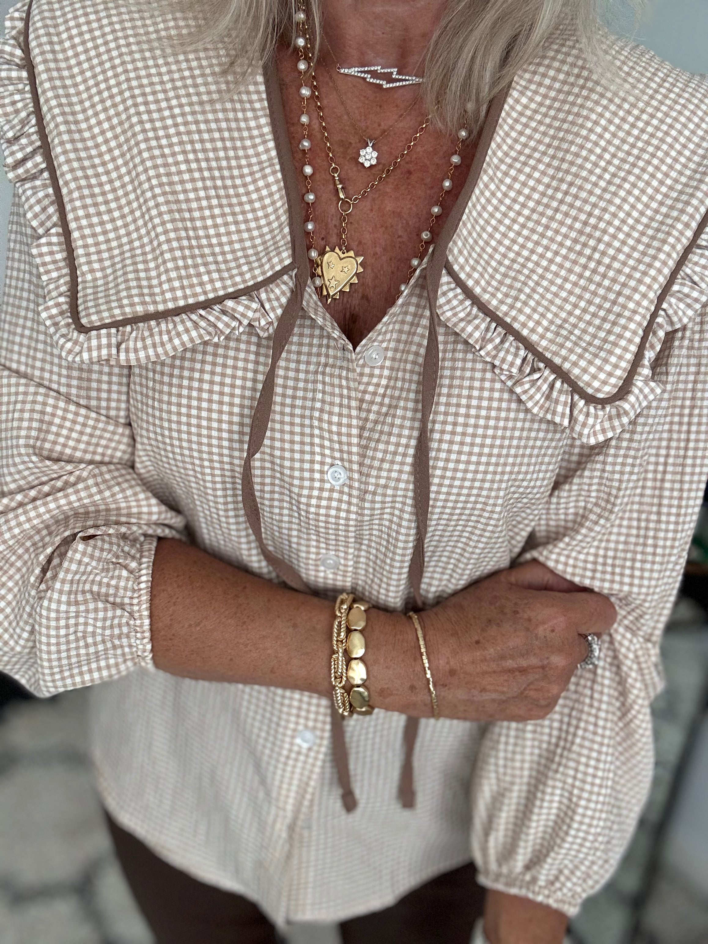 Gingham Seersucker Collar Shirt in Biscuit