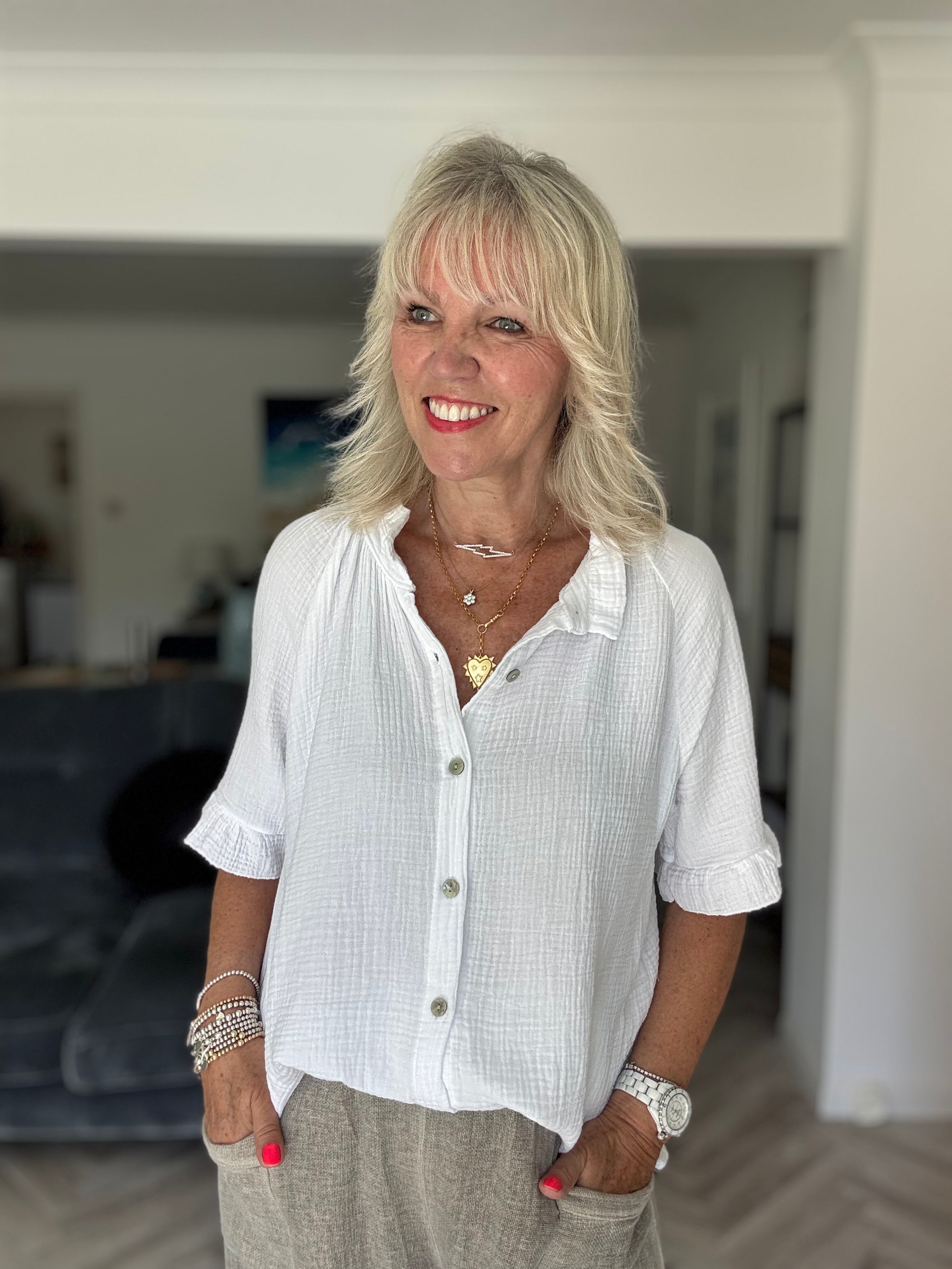 Short Sleeve Cheesecloth Shirt in White