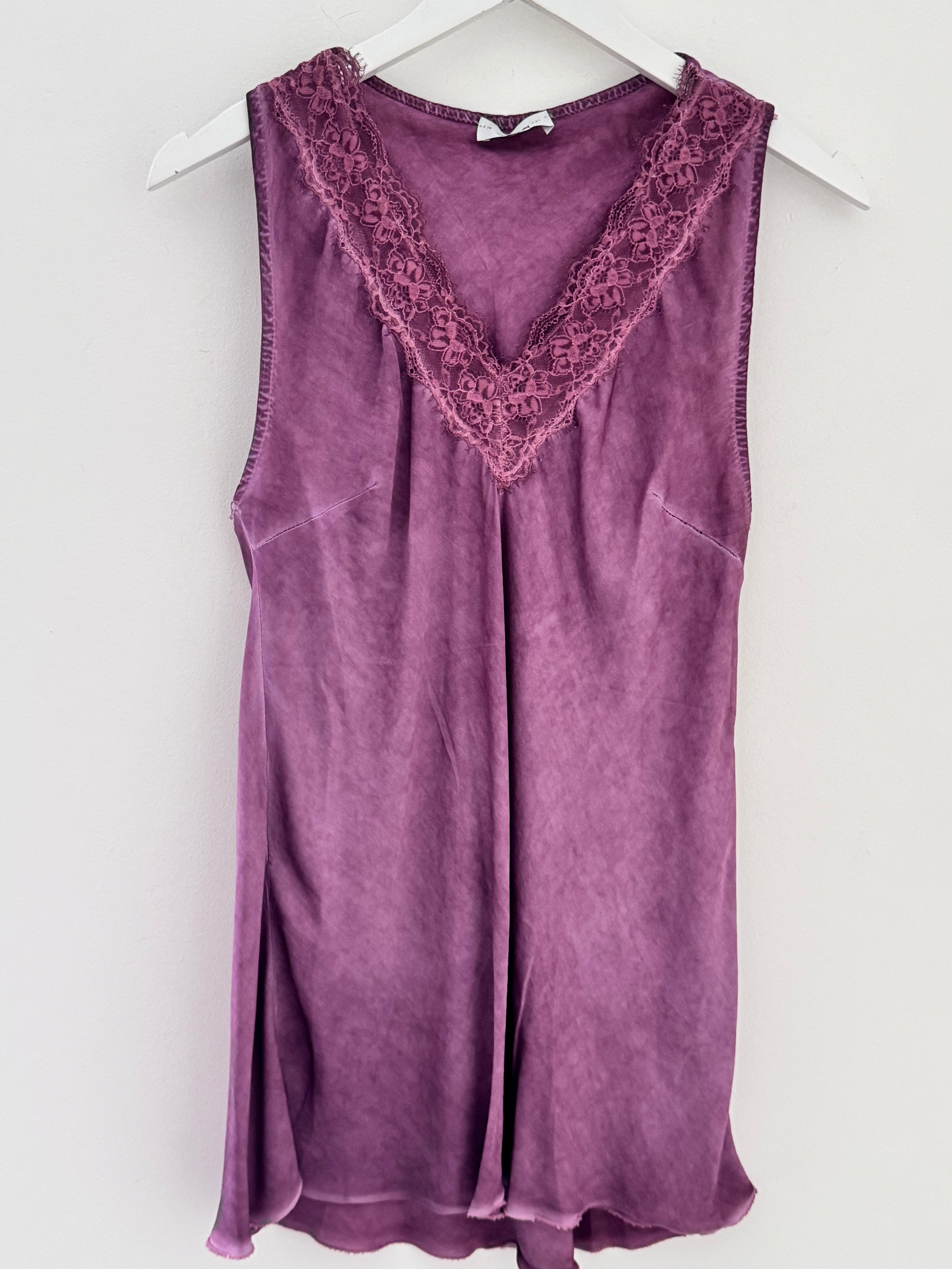 Lace Trim Silk Top in Soft Plum