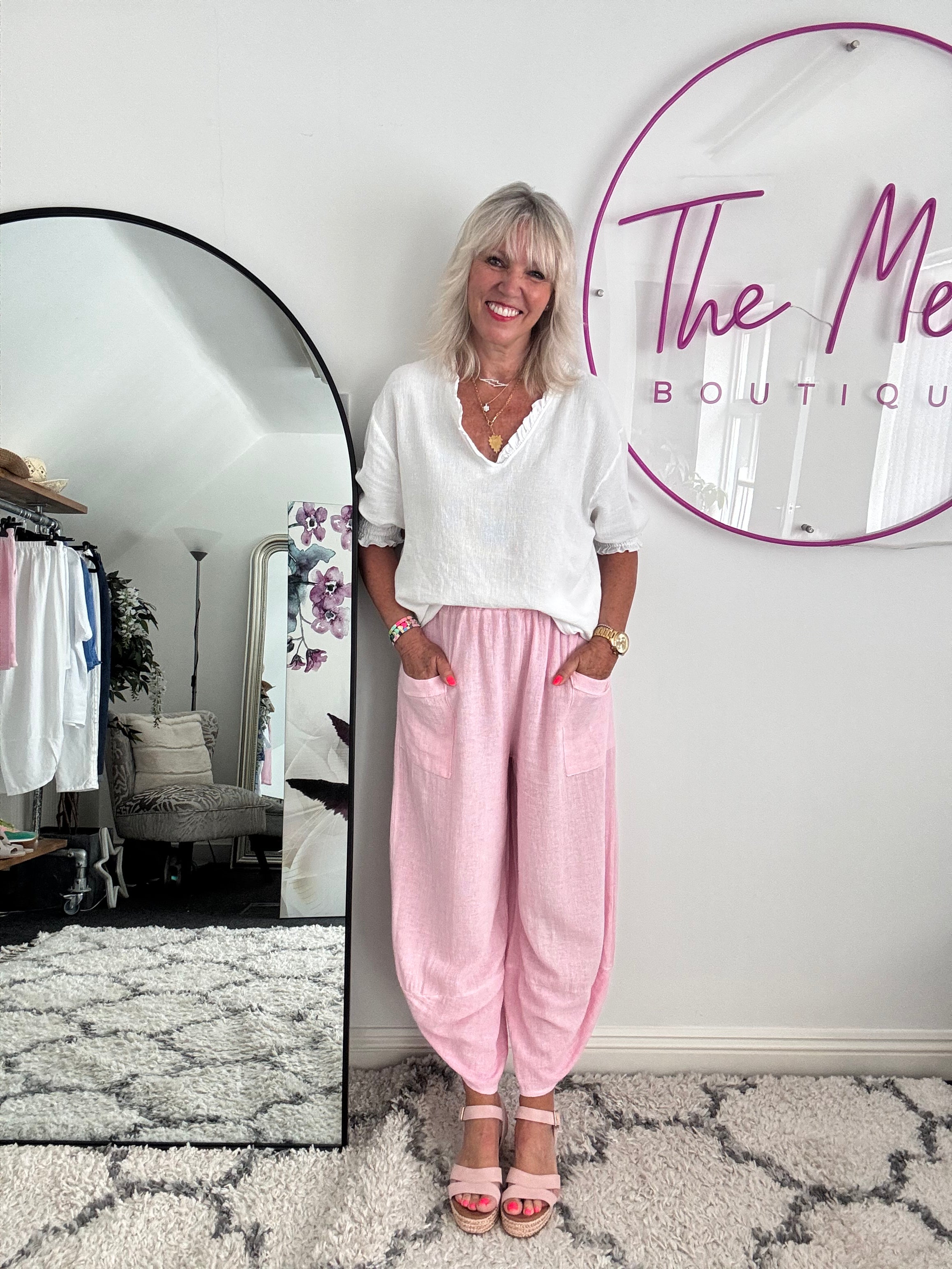 Linen & Cotton Barrel Trousers in Baby Pink