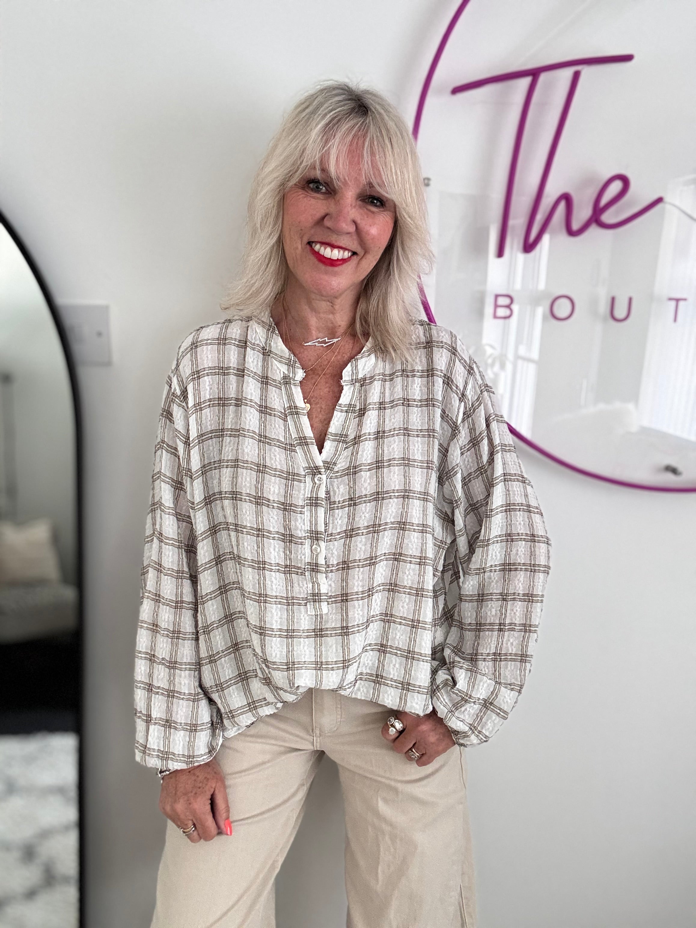 Checked Seersucker Shirt in Ivory