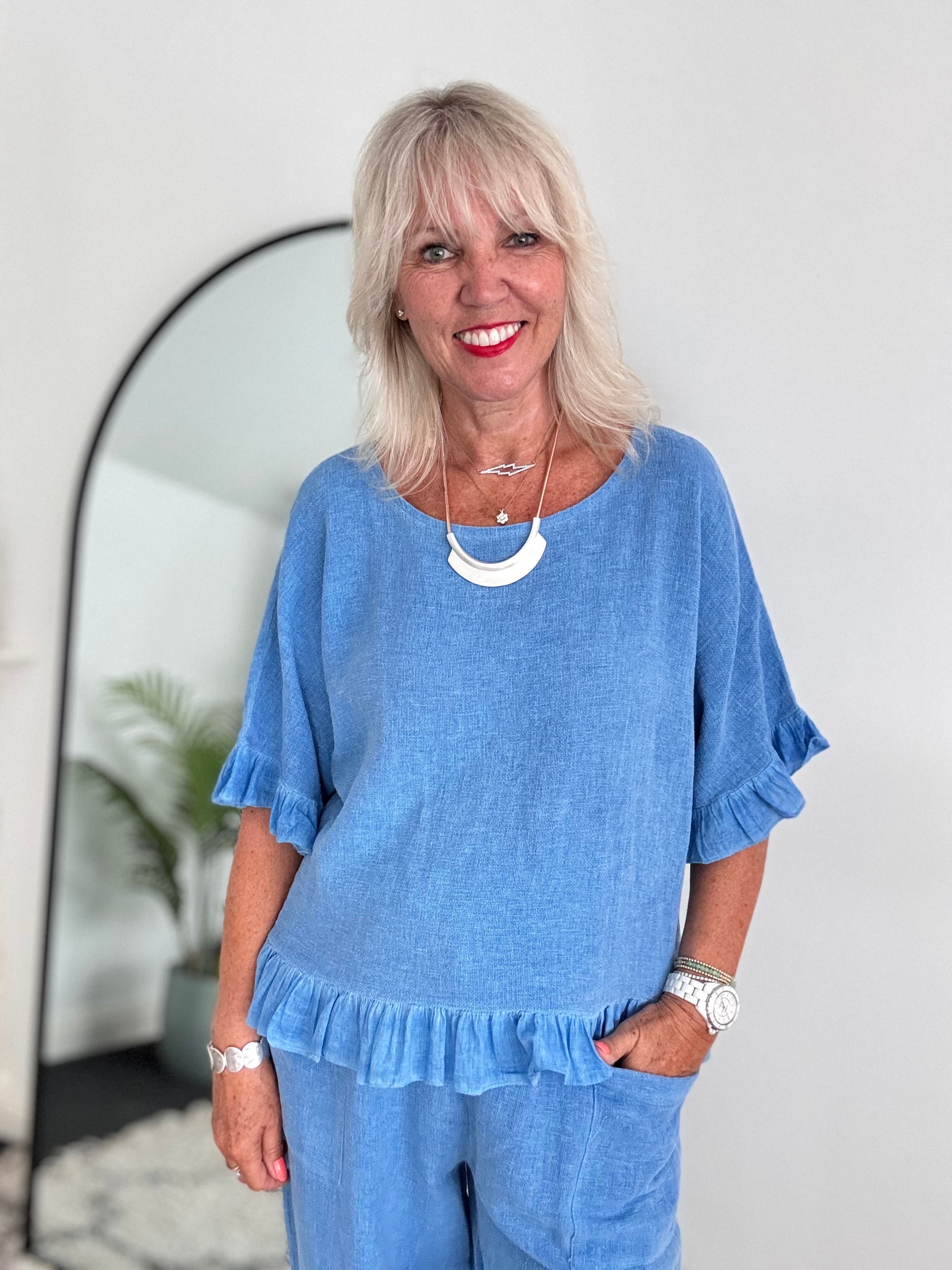 Linen & Cotton Ruffle Edge Top in Sky Blue