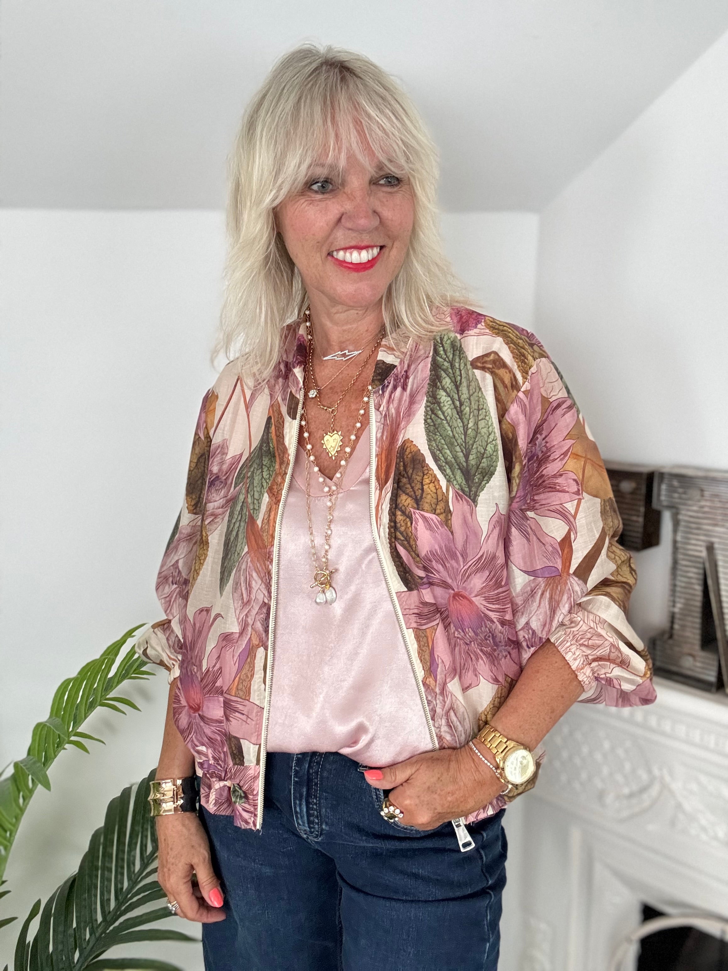 Floral Bomber Jacket in Pink & Khaki