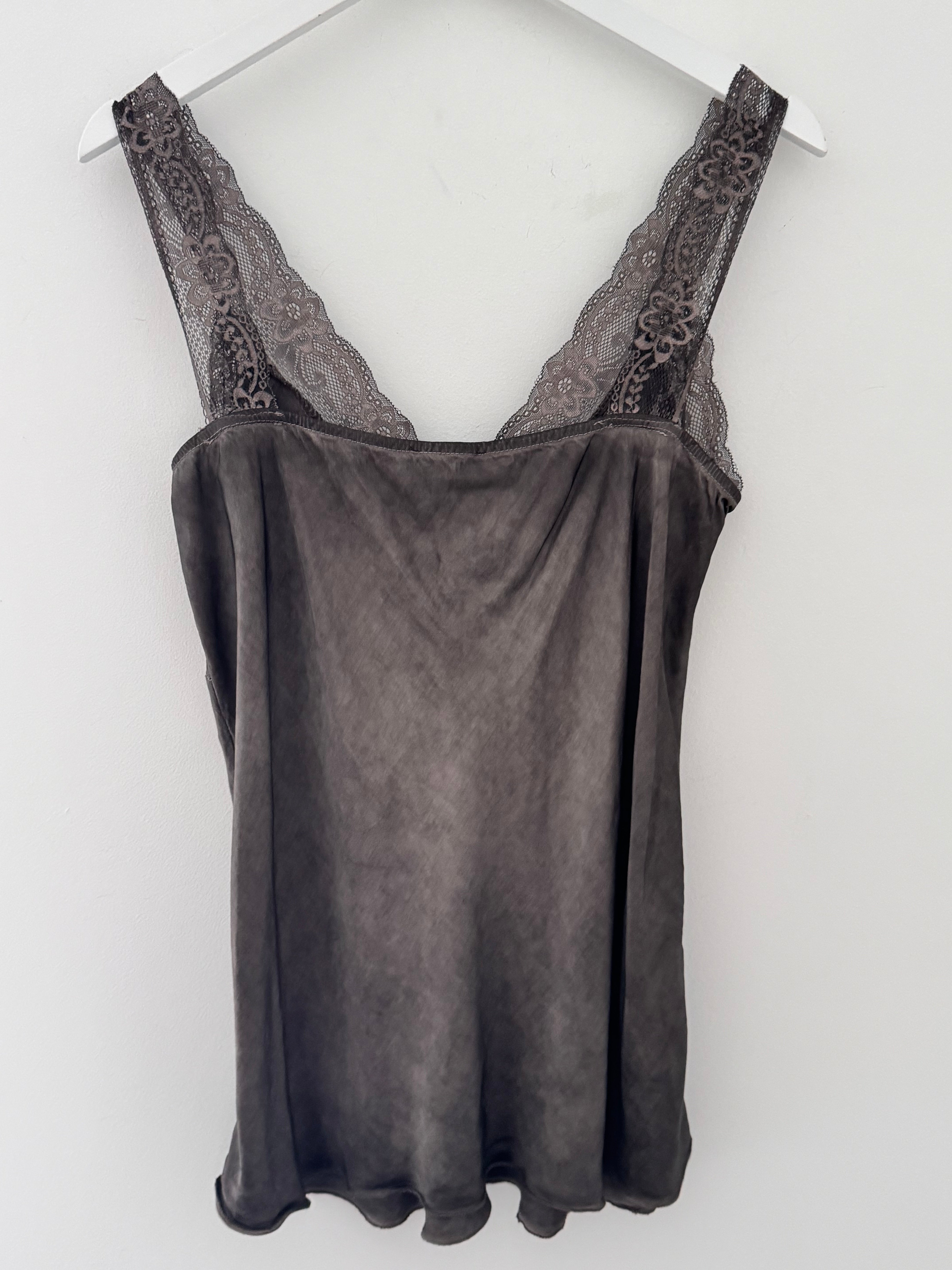 Lace Trim Silk Cami in Chocolate