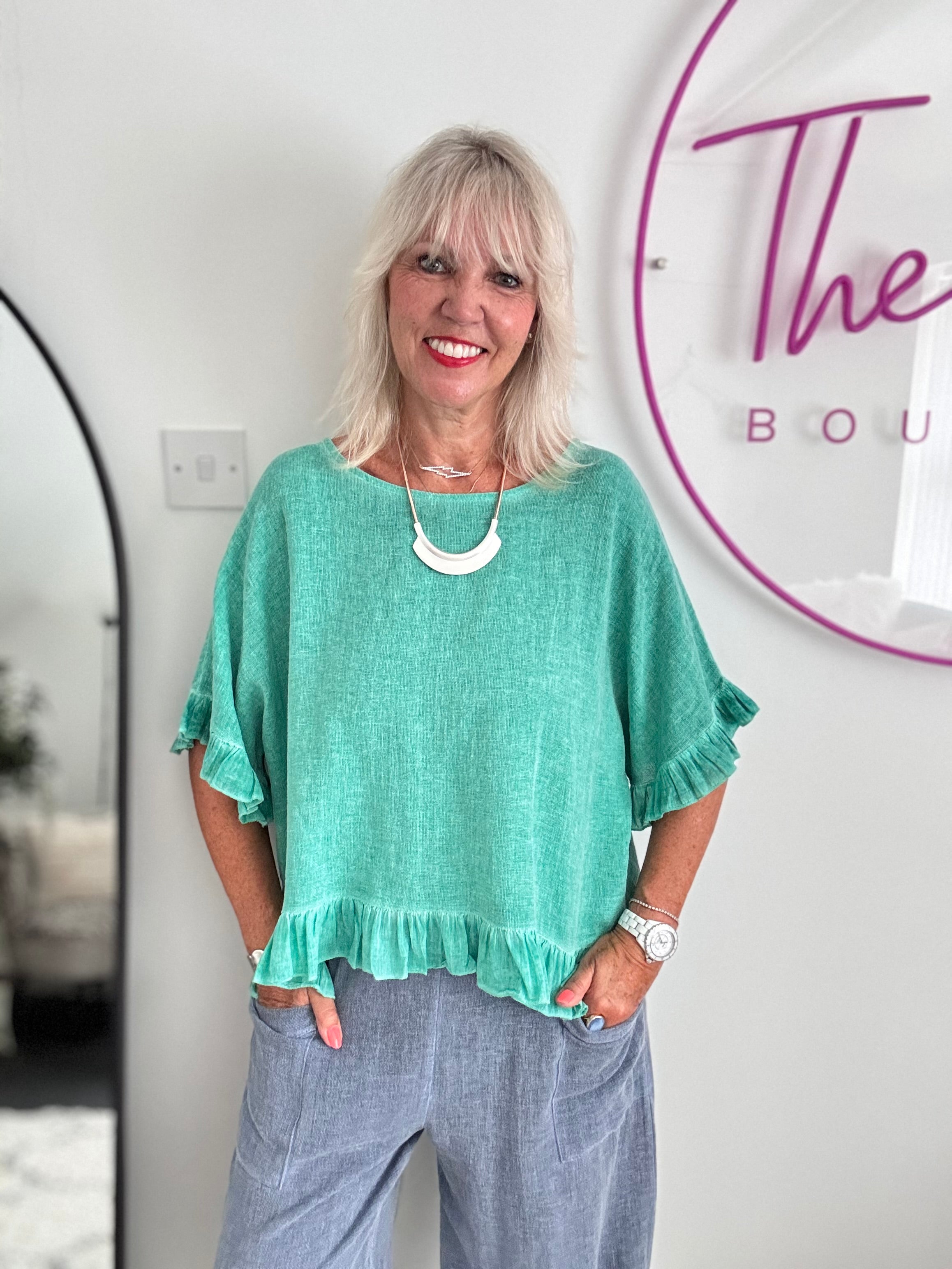 Linen & Cotton Ruffle Edge Top in Ocean Green