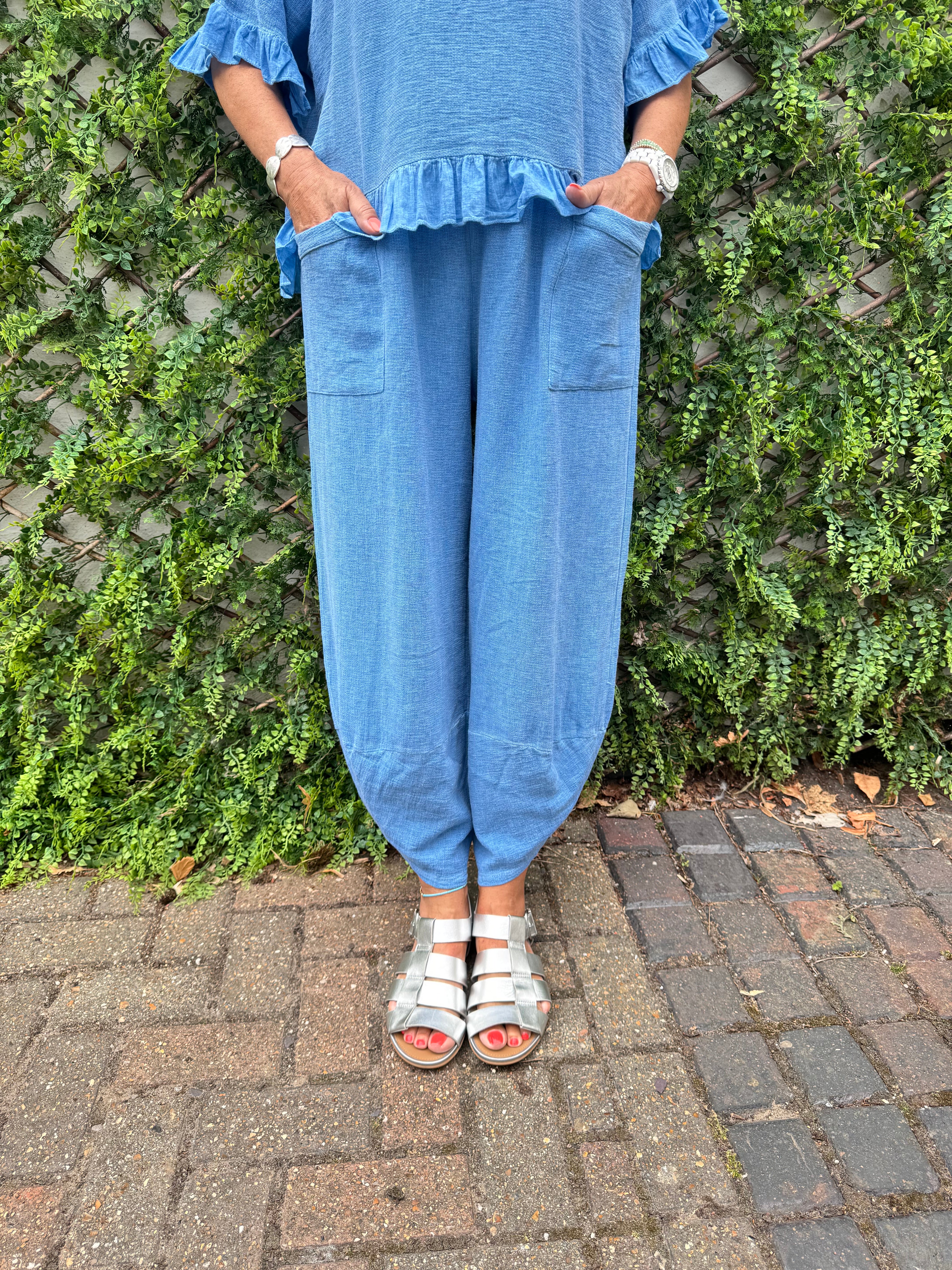 Linen & Cotton Barrel Trousers in Sky Blue