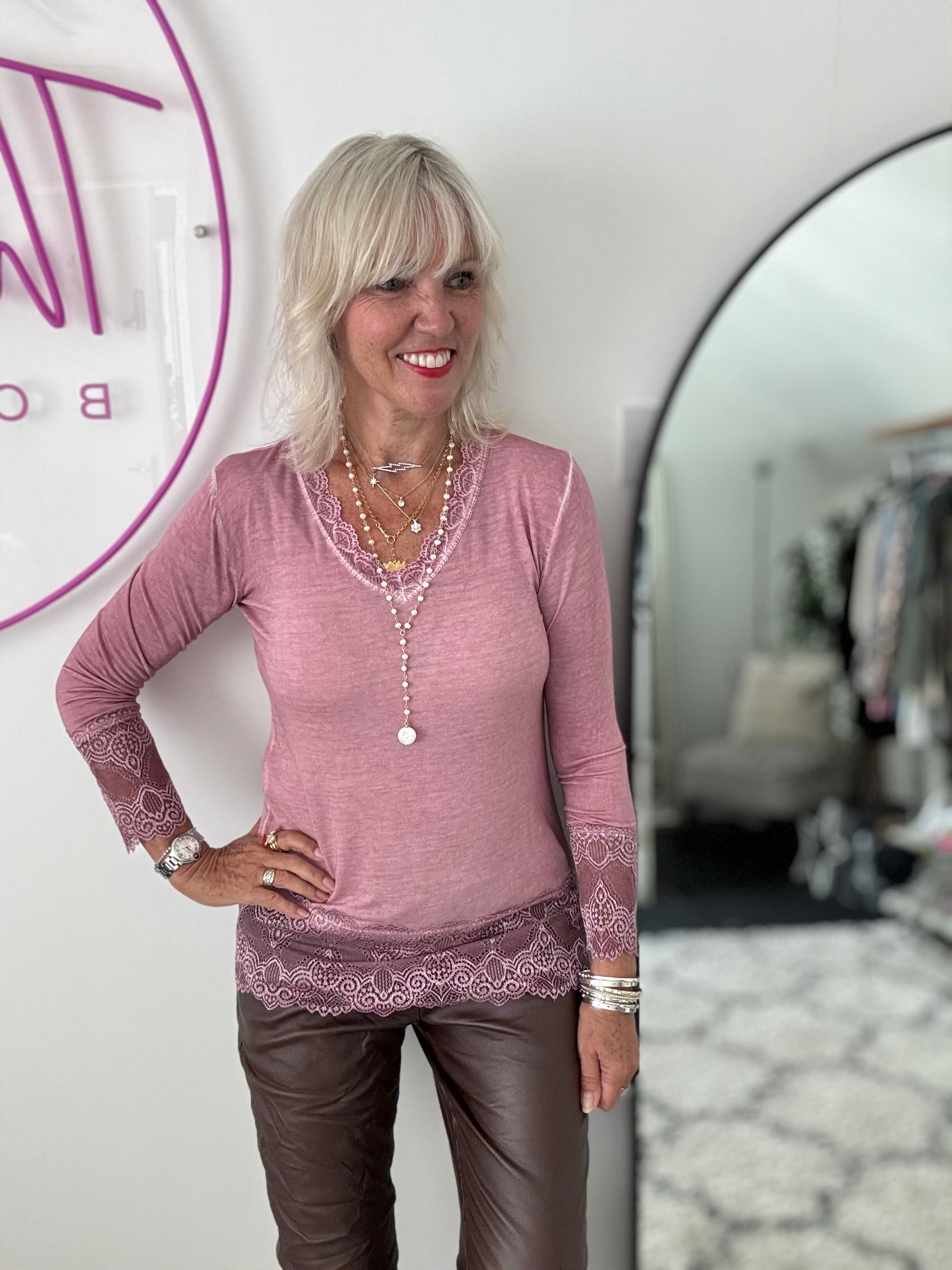 Luxe Base Top with Lace Trim in Deep Dusky Pink