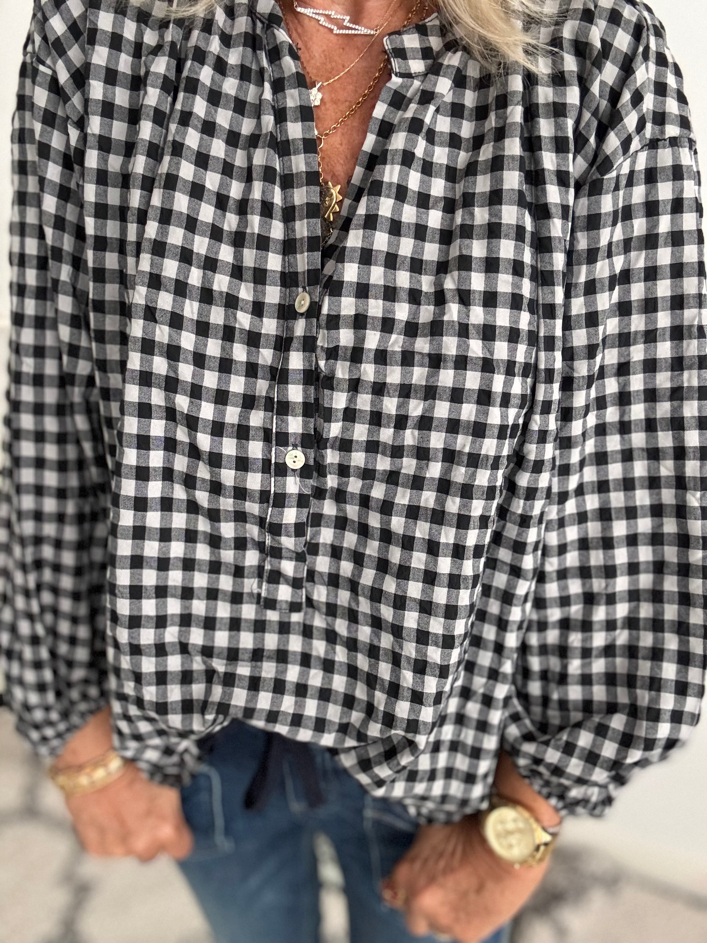 Oversized V Neck Check Top in Black & White
