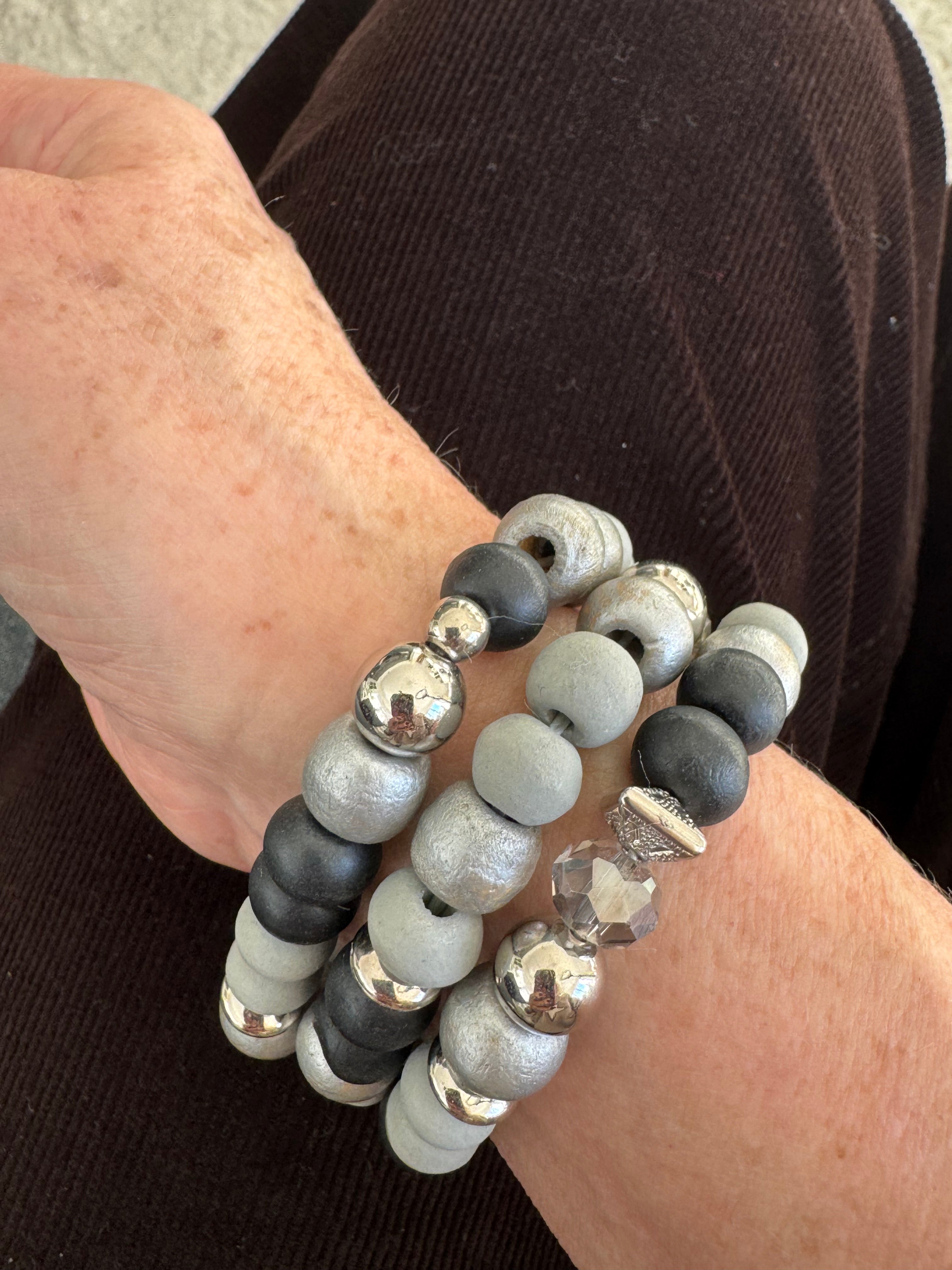Triple Beaded Bracelet Stack in Black & Grey