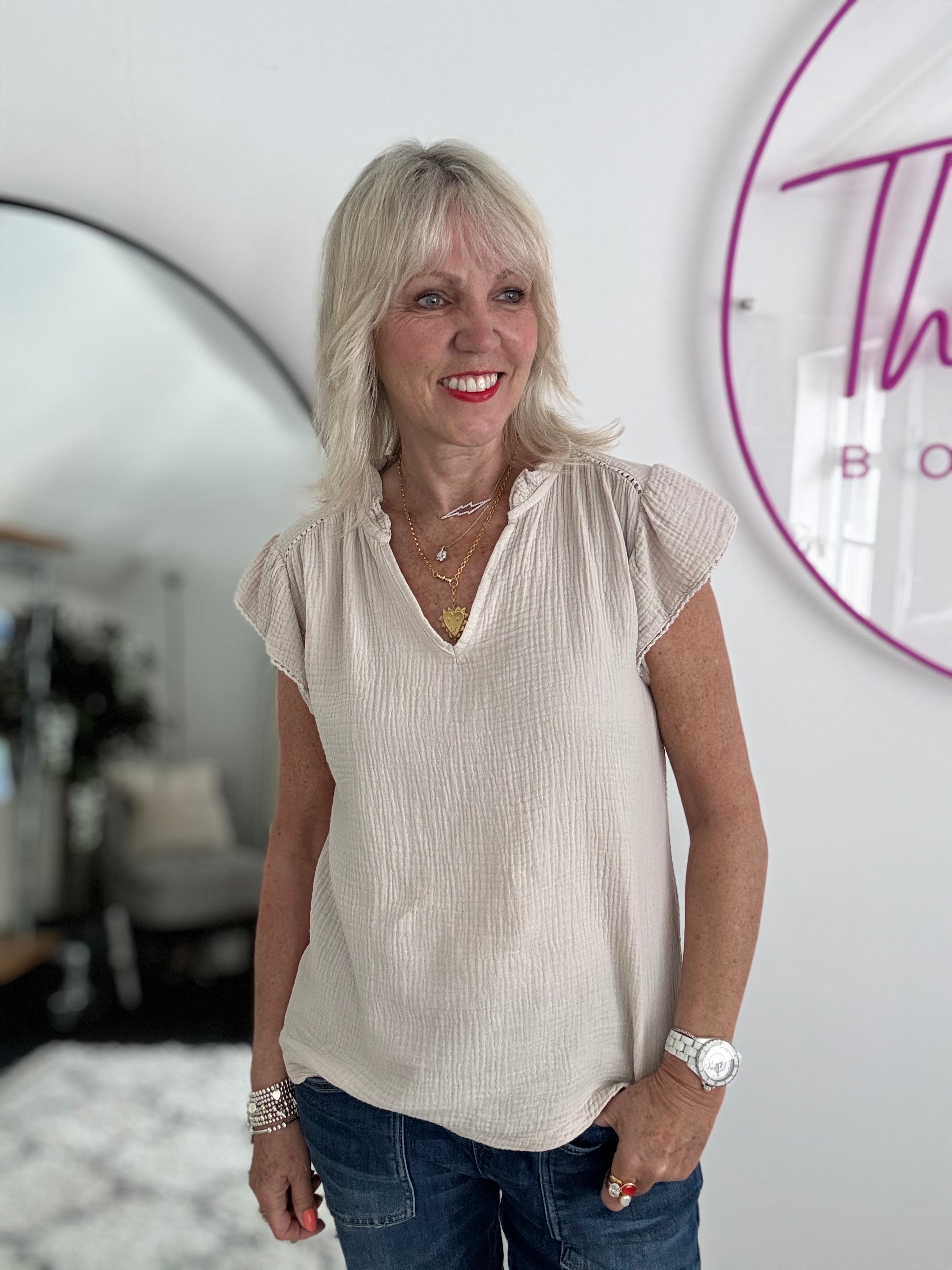 Cheesecloth Top with Ruffle Sleeves in Stone