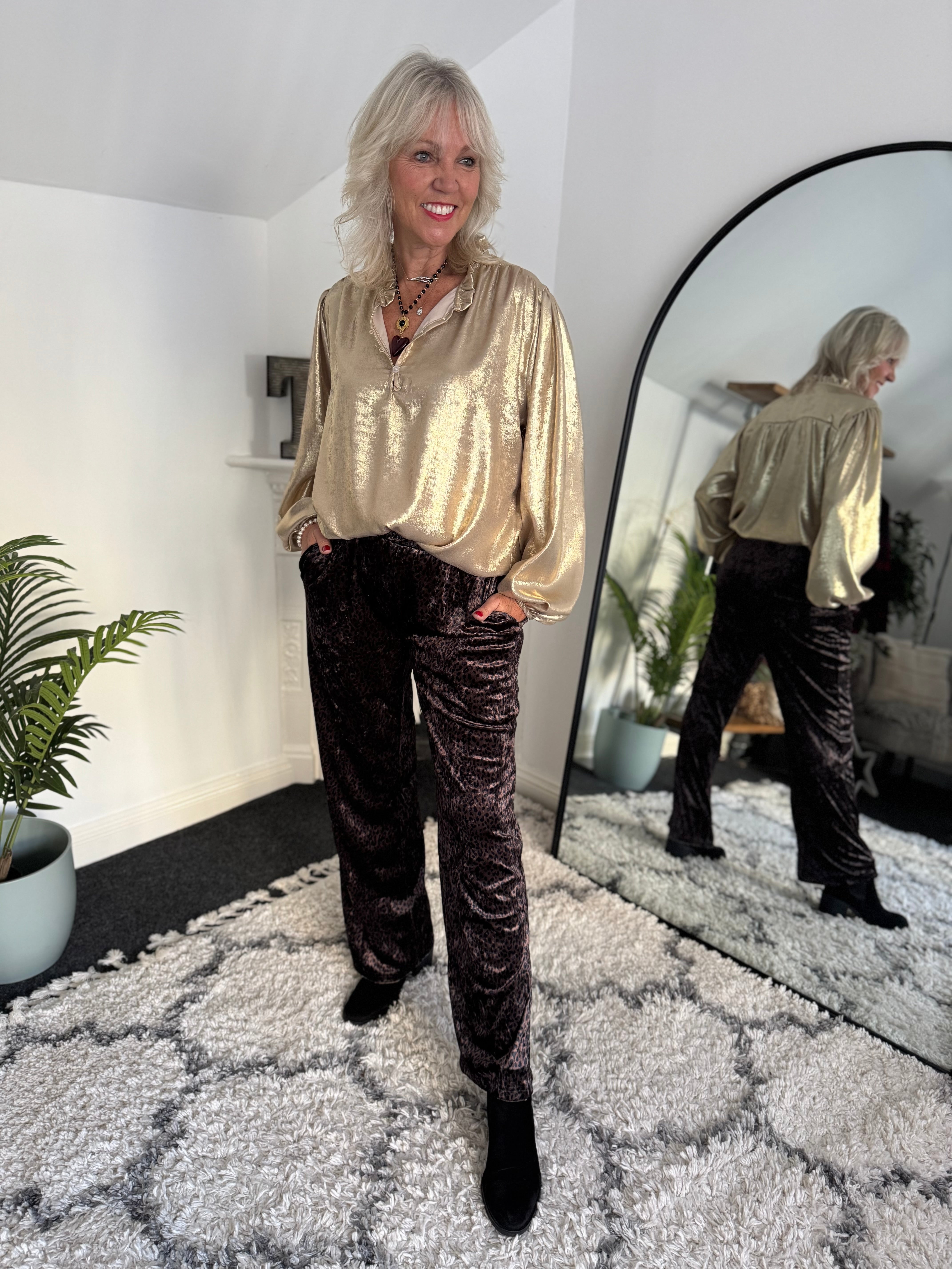 Velvet Stretch Trousers in Chocolate Leopard