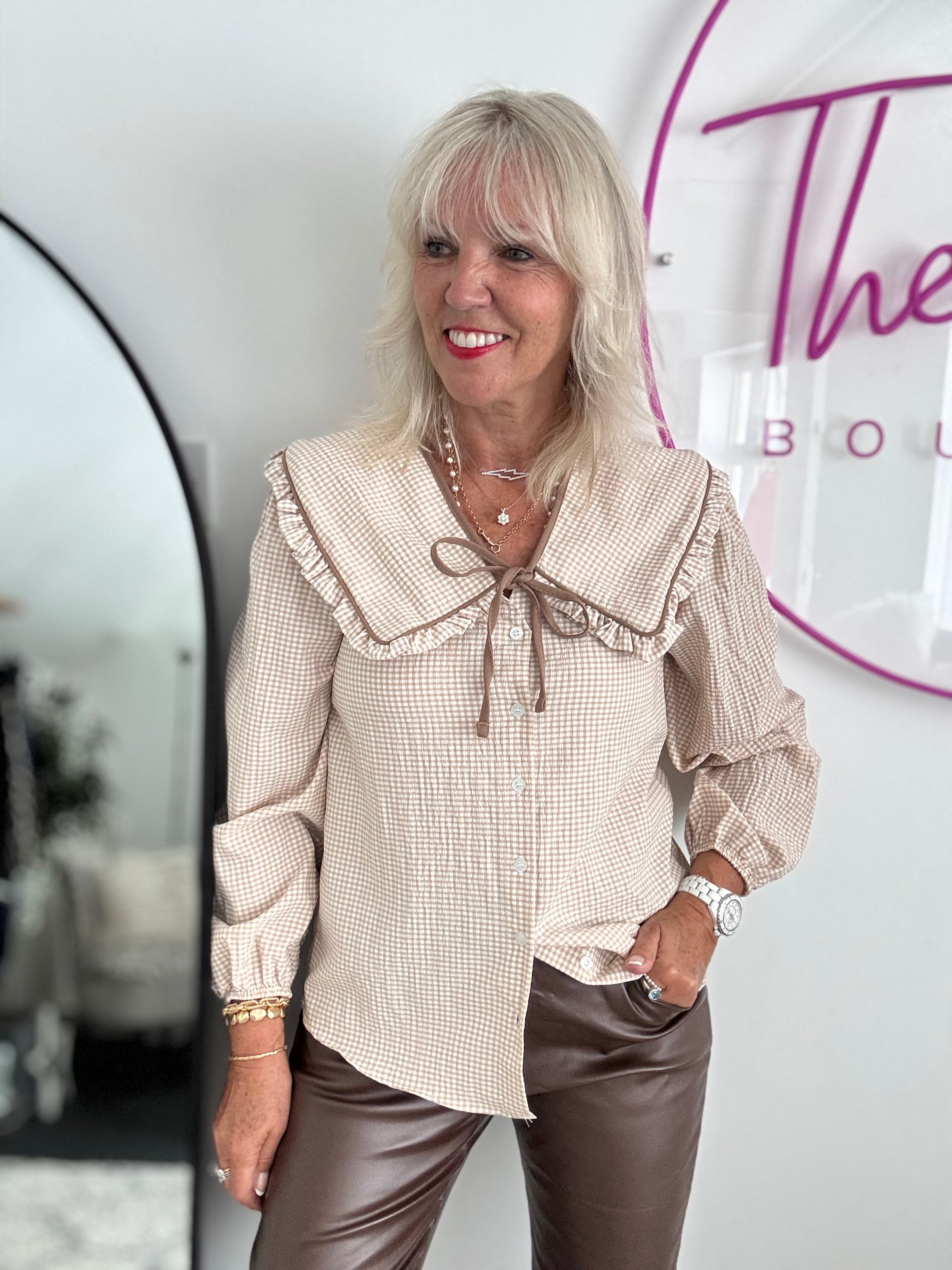 Gingham Seersucker Collar Shirt in Biscuit