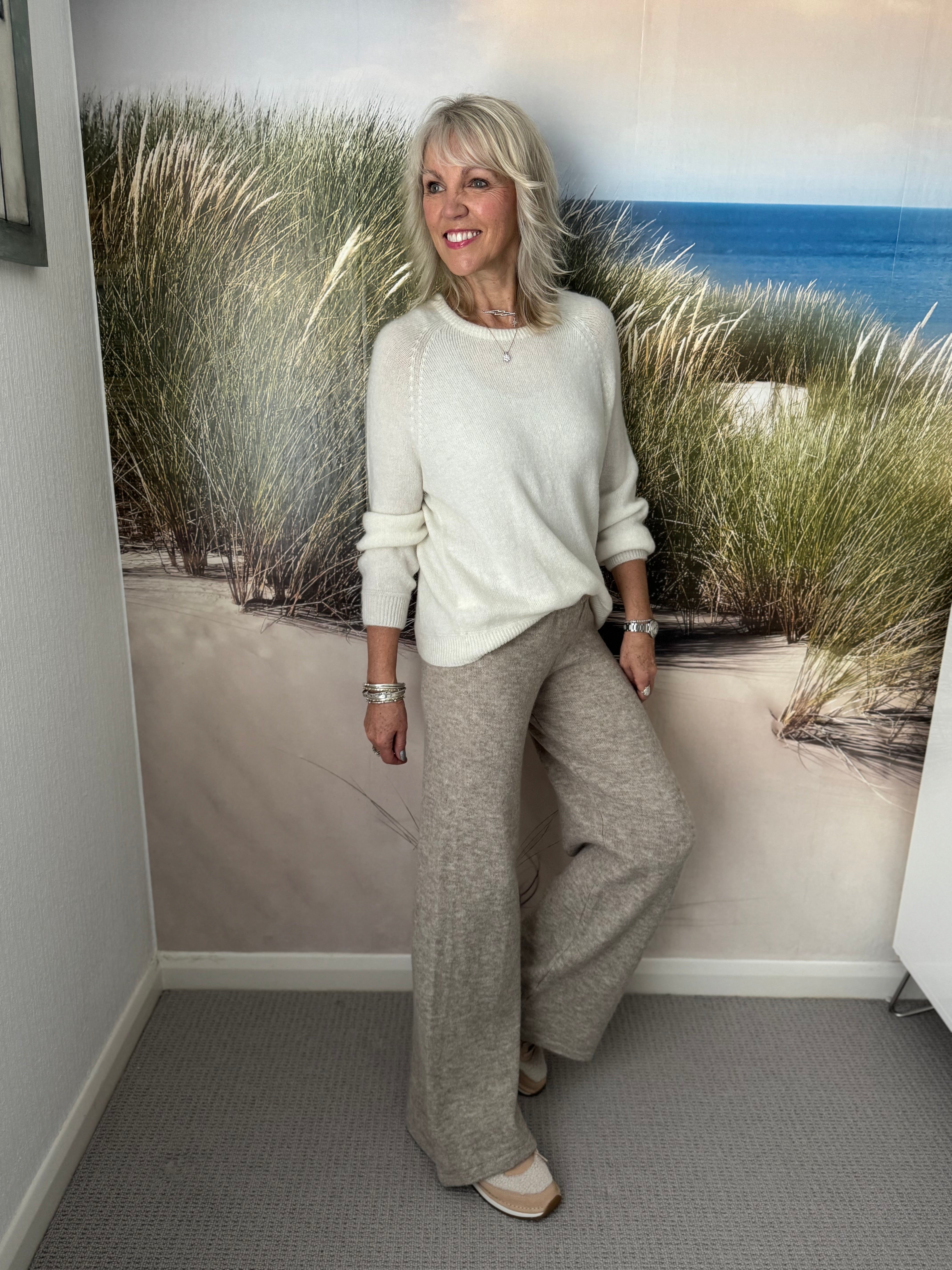 Wide Leg Knitted Trousers in Dark Stone