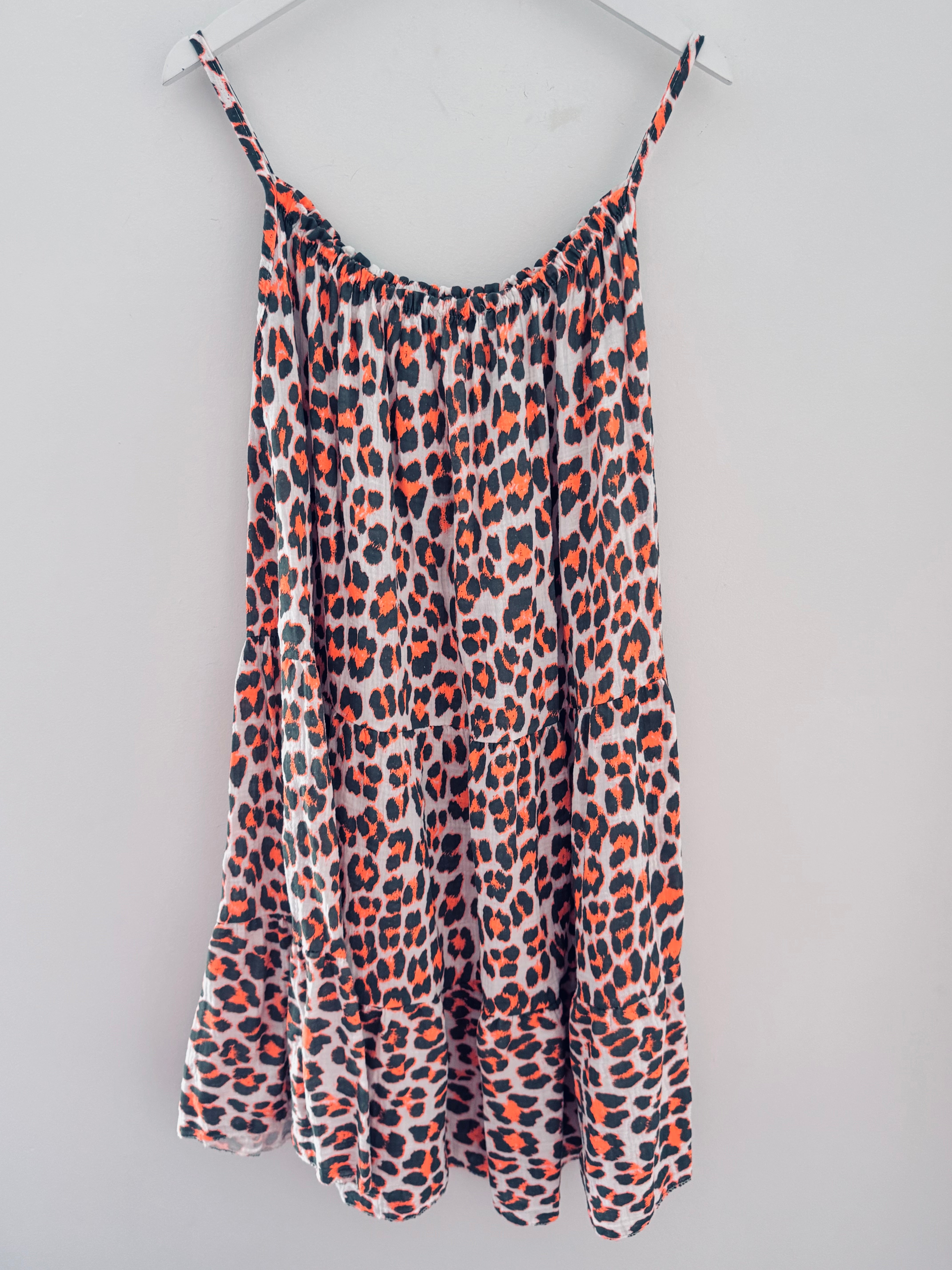 Leopard Cheesecloth Dress in Khaki & Orange