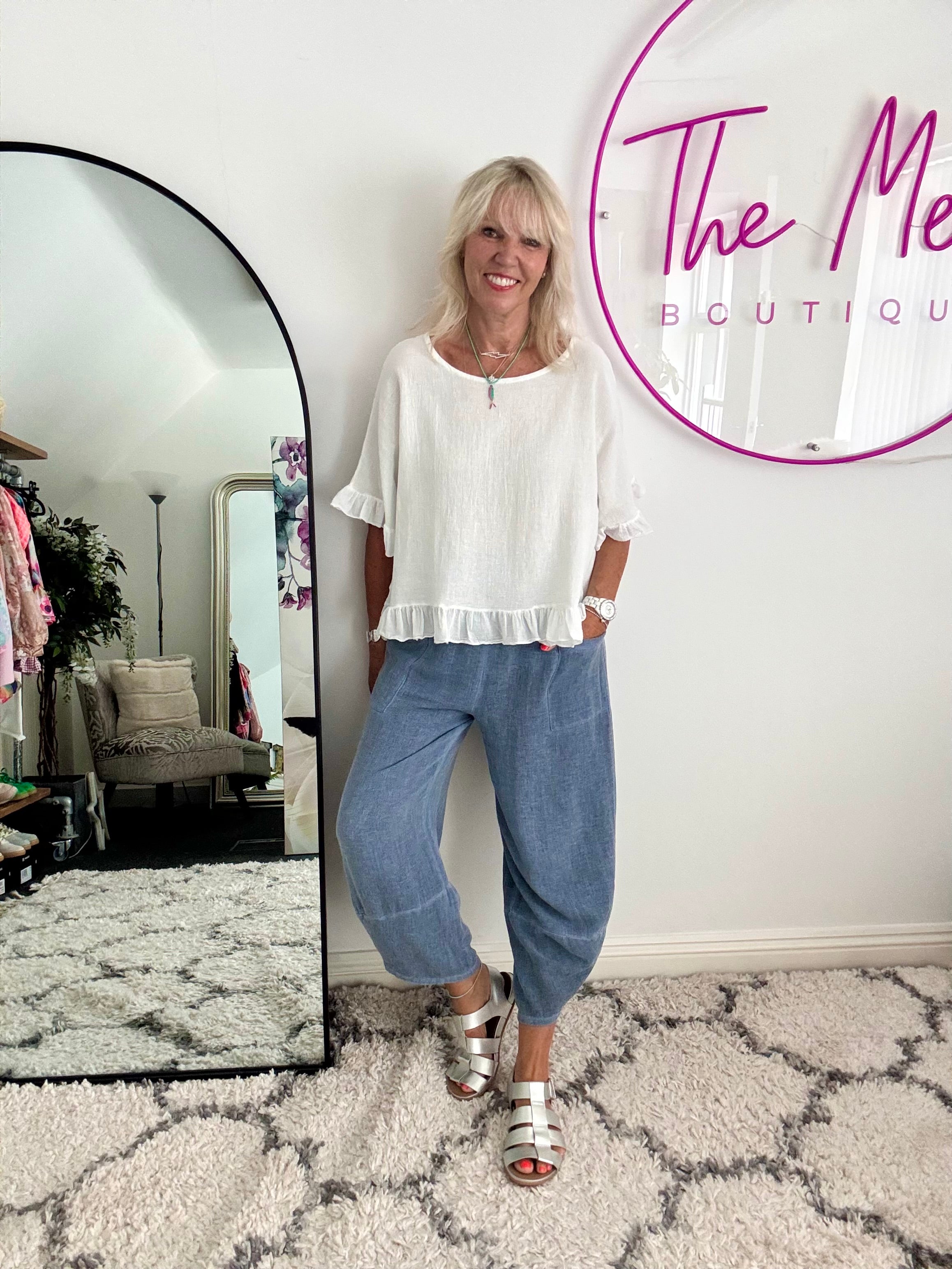 Linen & Cotton Ruffle Edge Top in White