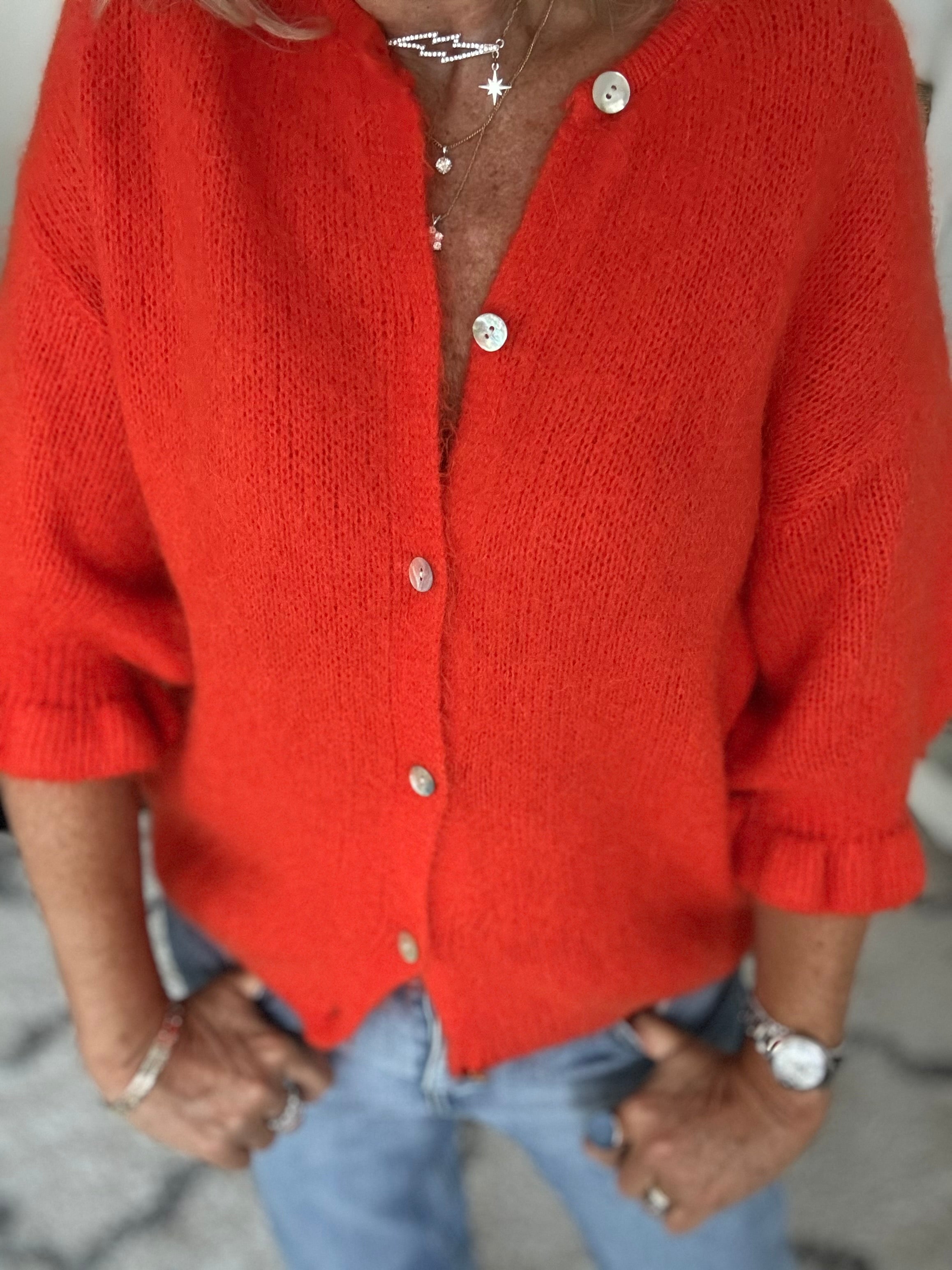 Alpaca Cardi with Frill Cuffs in Orange/Red