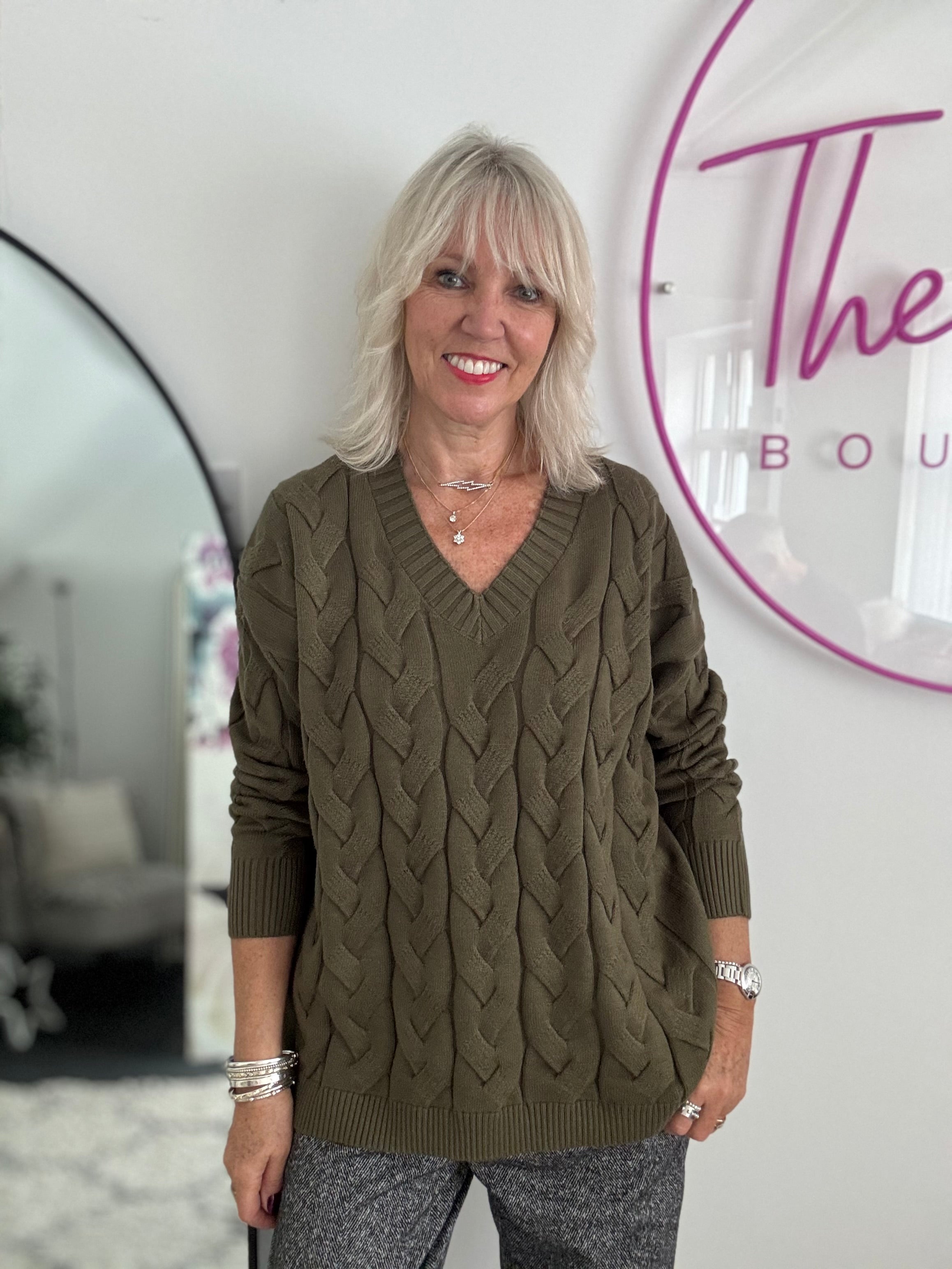 V Neck Cable Jumper in Khaki