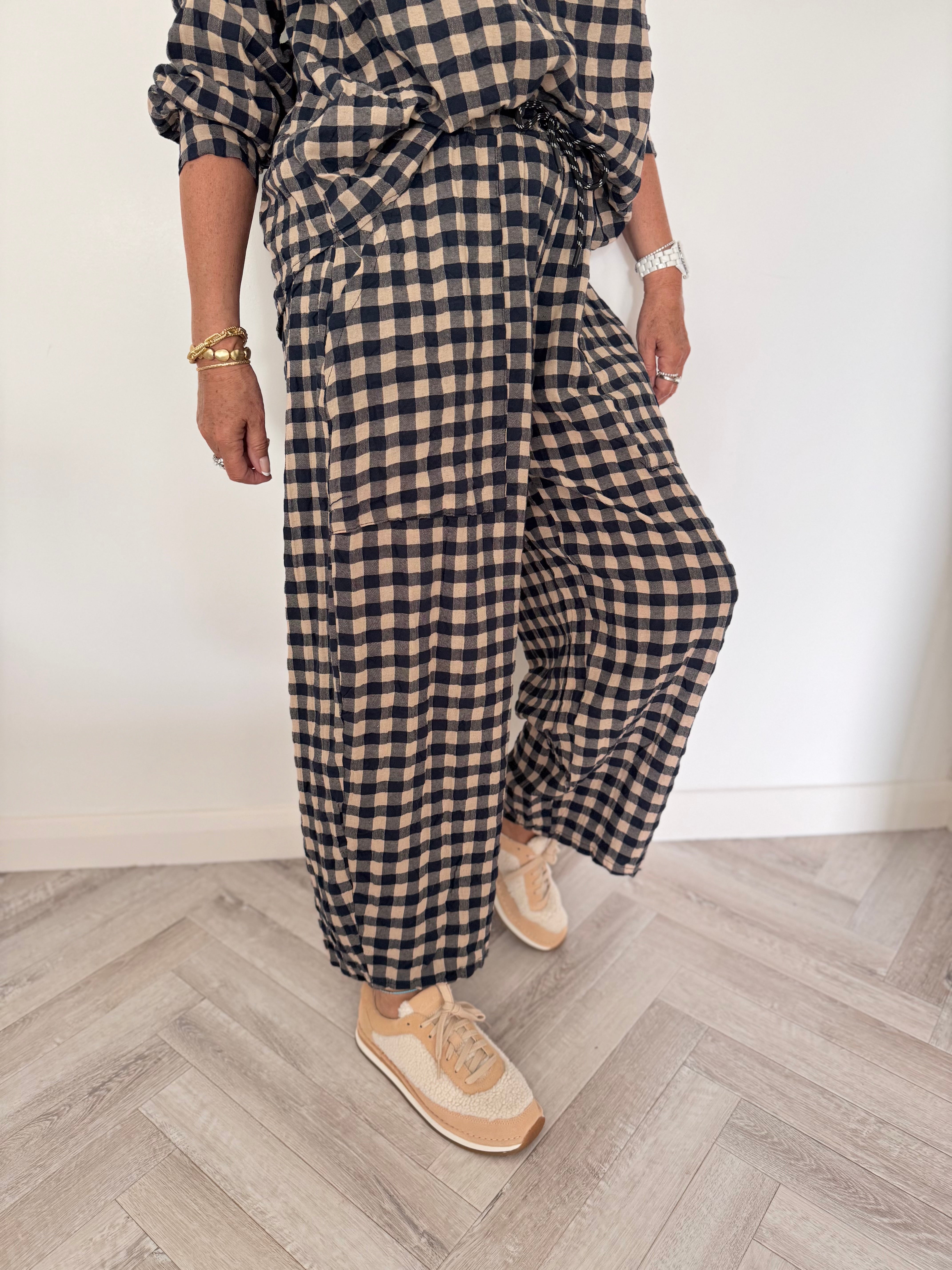 Barrel Check Trousers in Navy & Stone