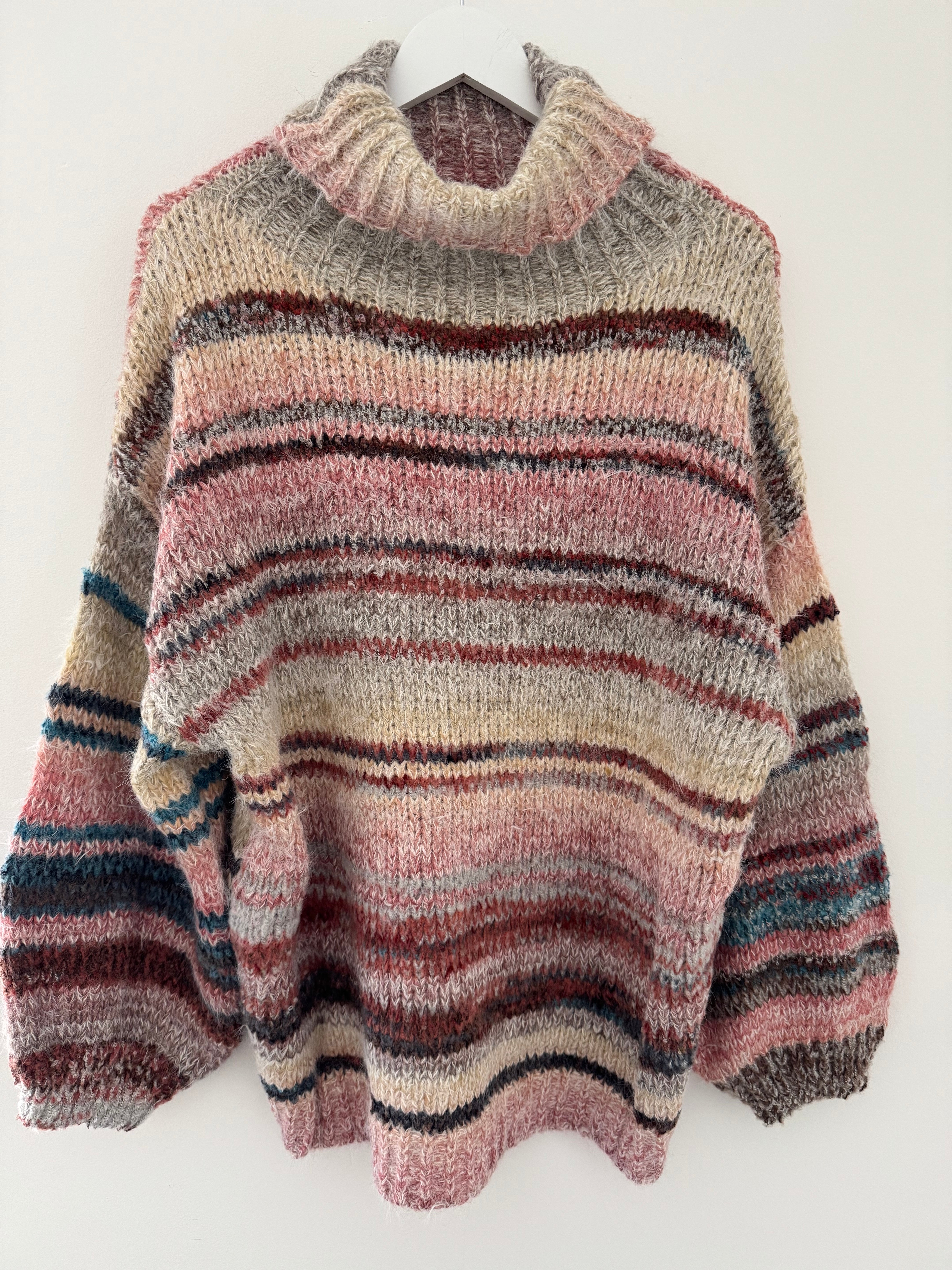 Oversized Stripe Roll Neck Jumper in Pink & Mocha
