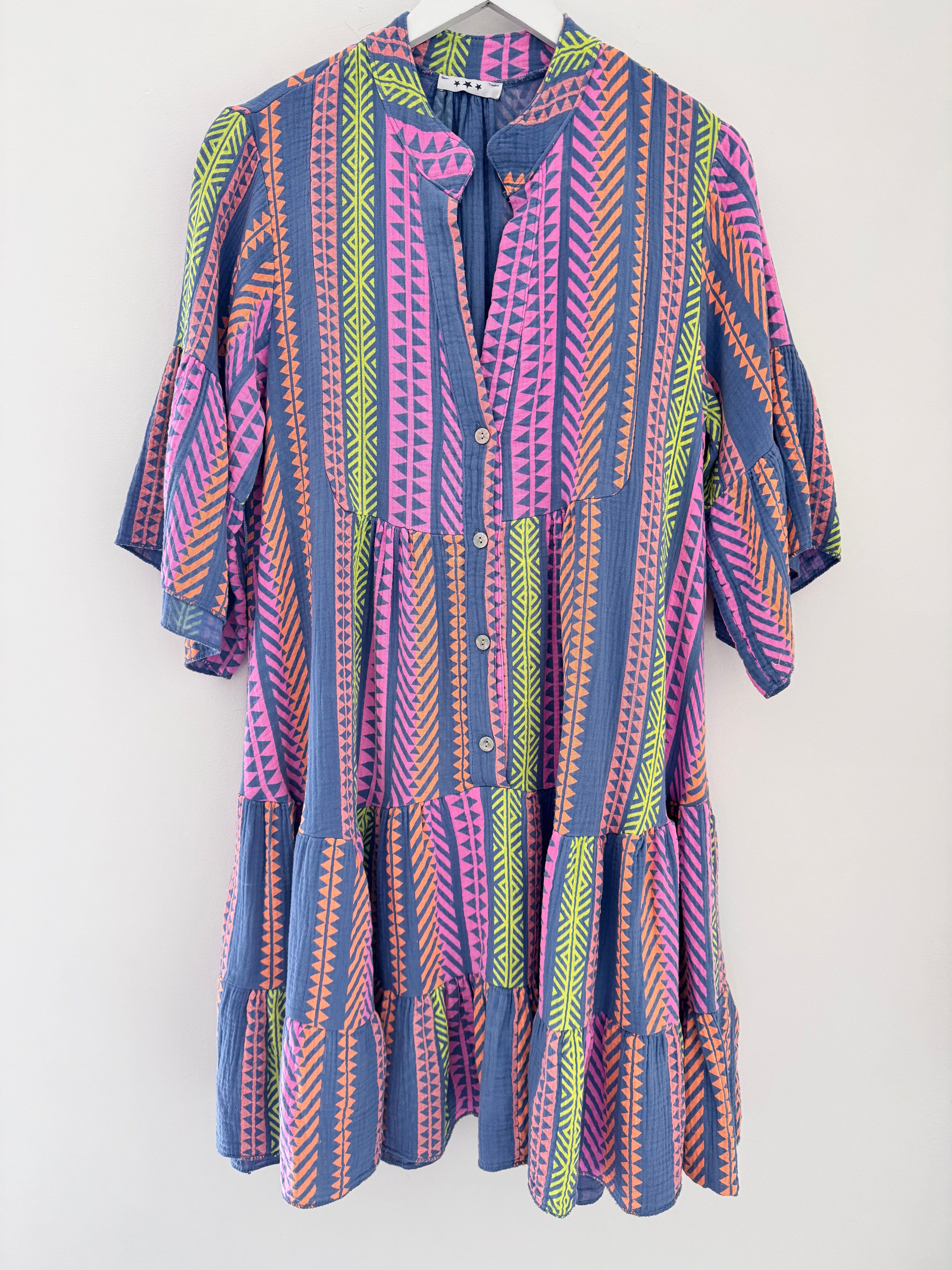 Cheesecloth Dress in Blue & Lilac Aztec