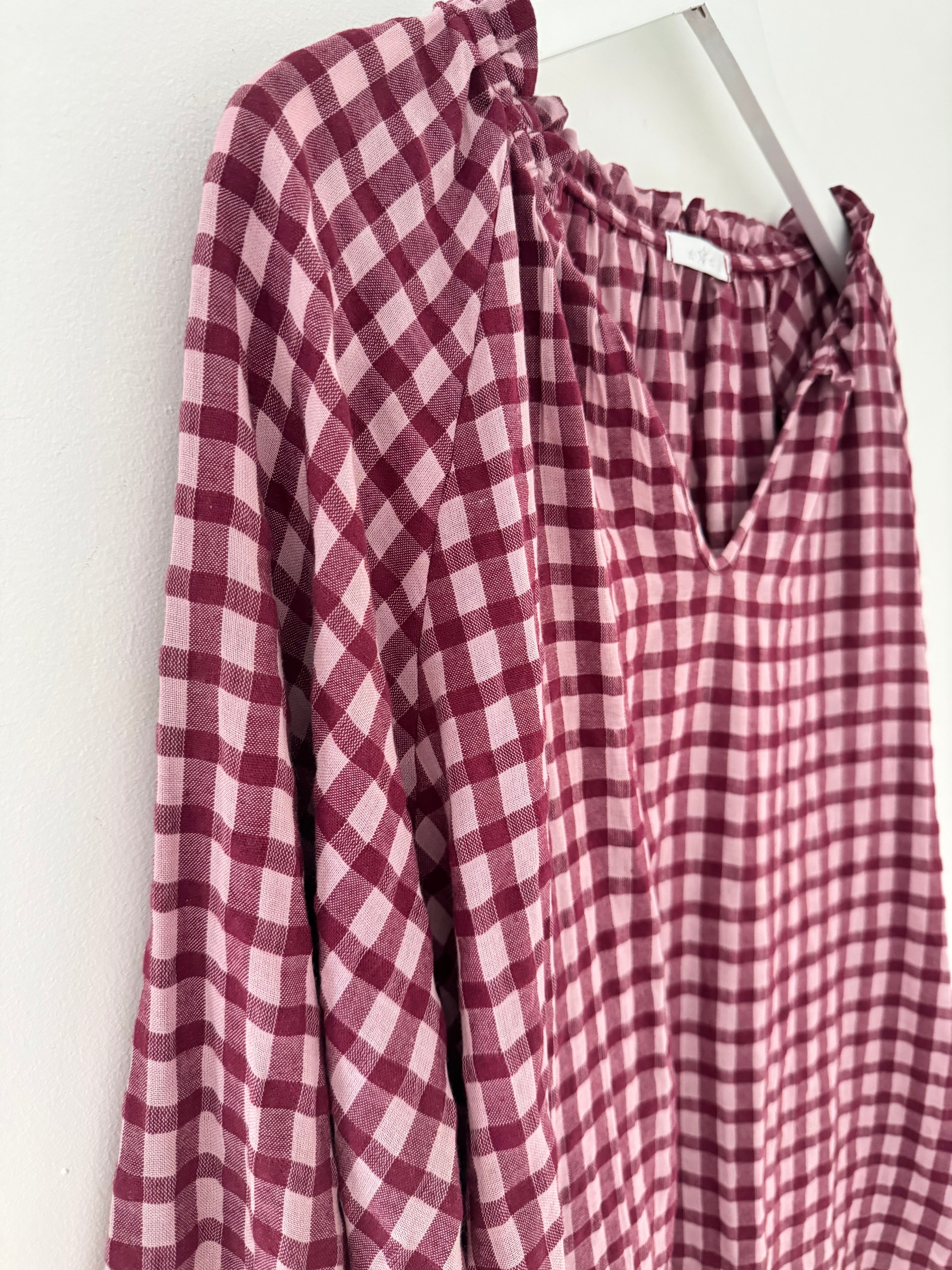 Oversized V Neck Check Top in Berry