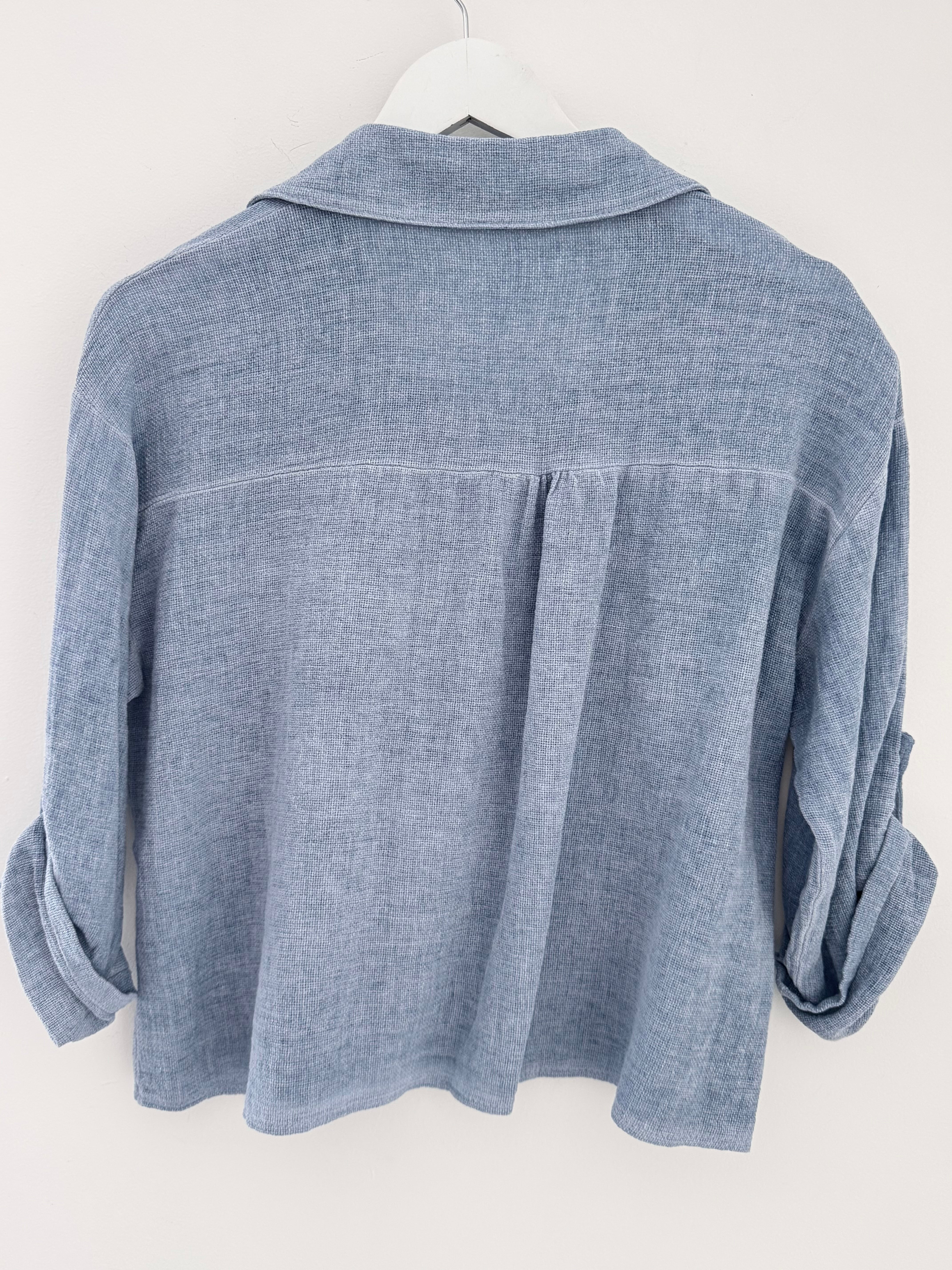 Linen & Cotton Pocket Top in Denim Blue