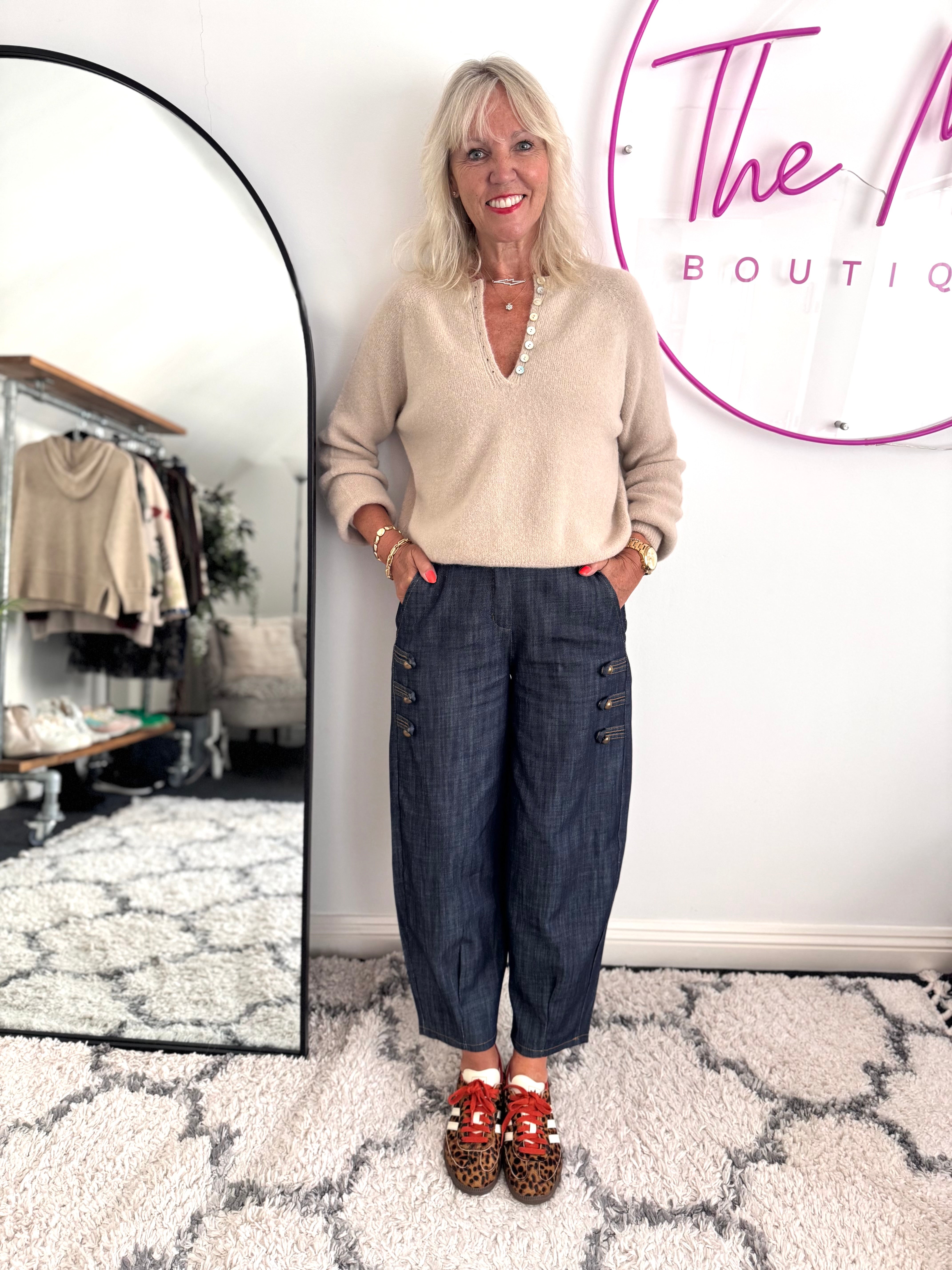 Military Barrel Leg Trousers in Dark Denim