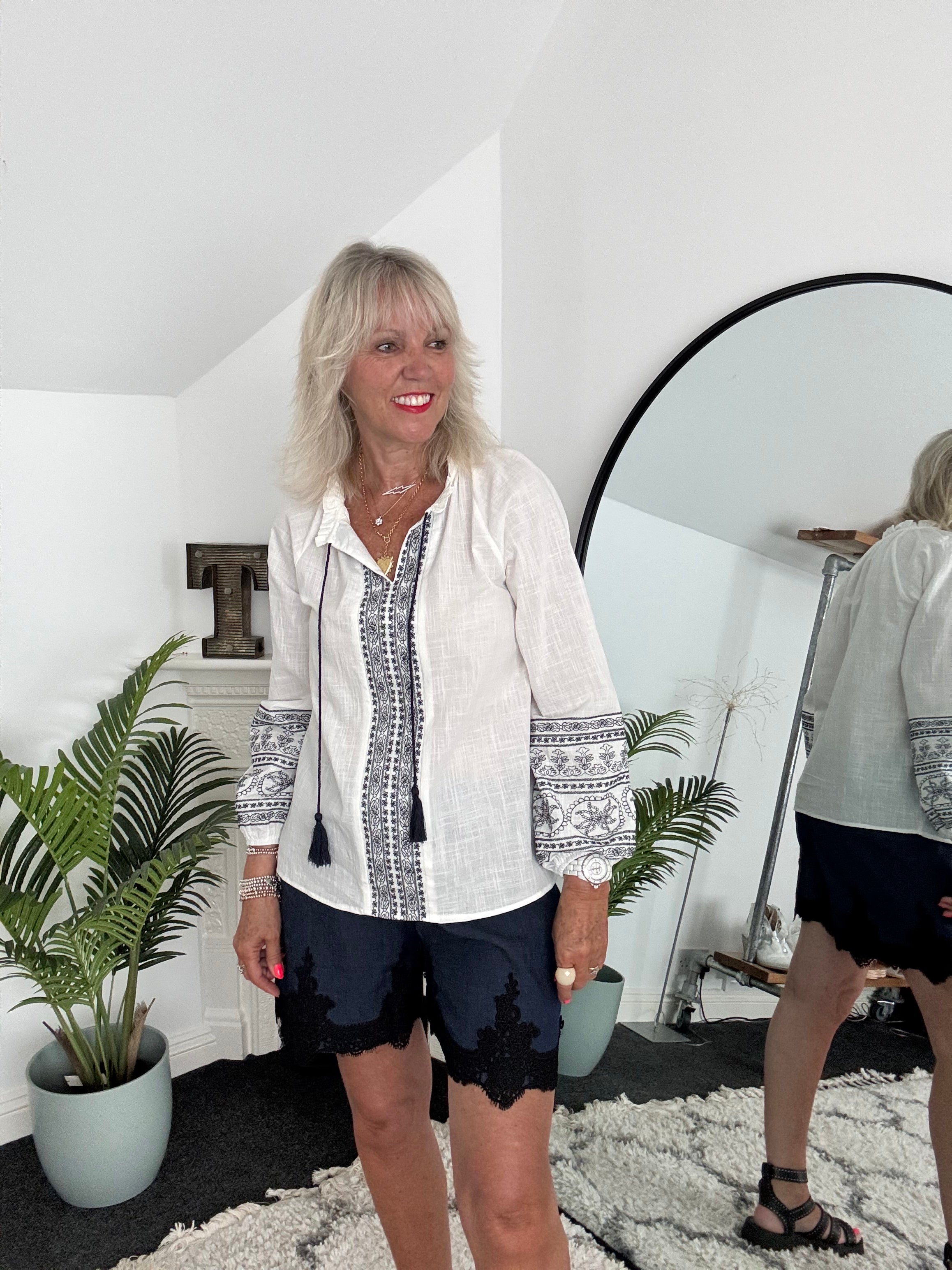 Embroidered Cotton Blouse in White & Navy