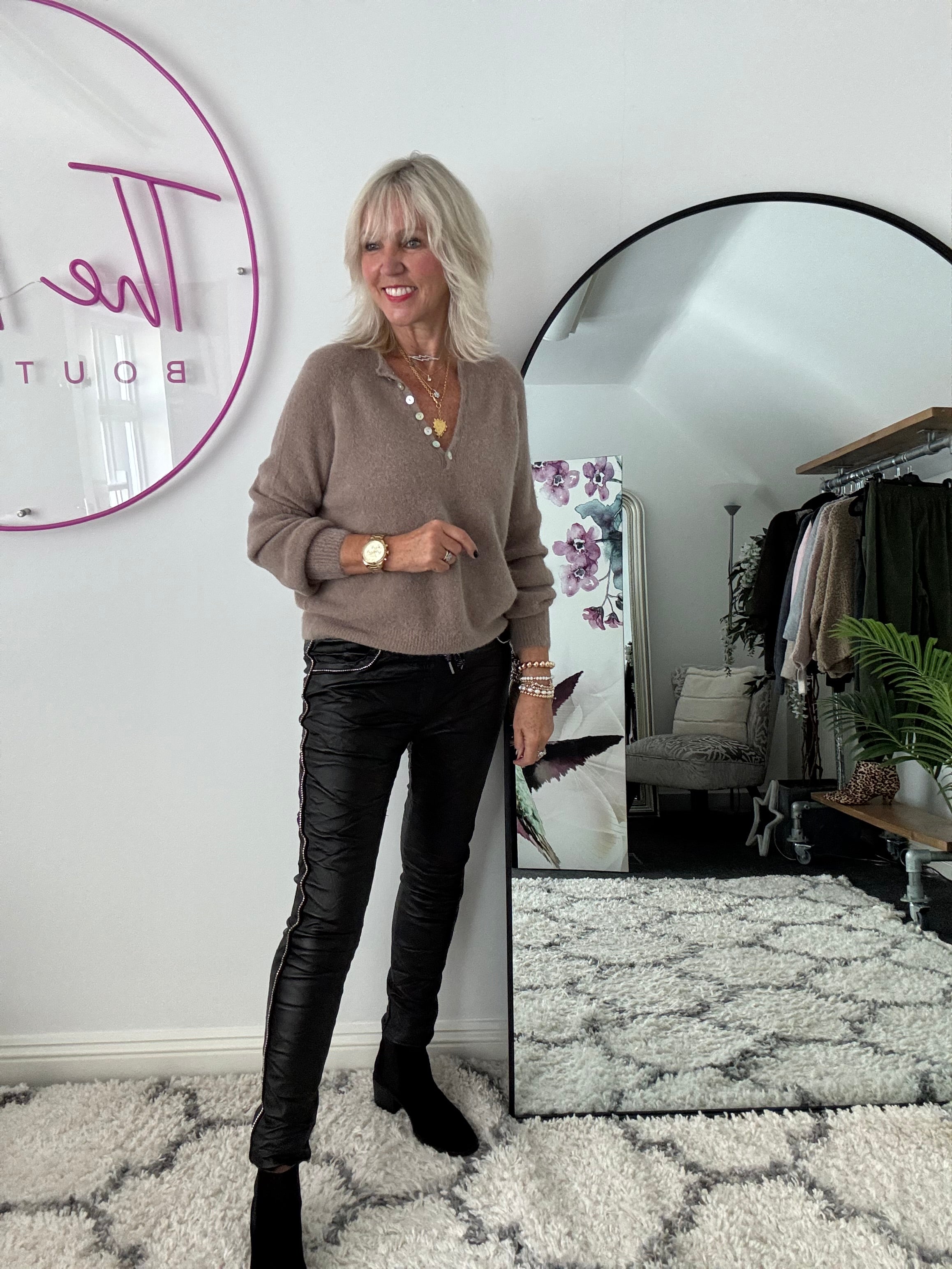 Waxed Rhinestone Joggers in Black