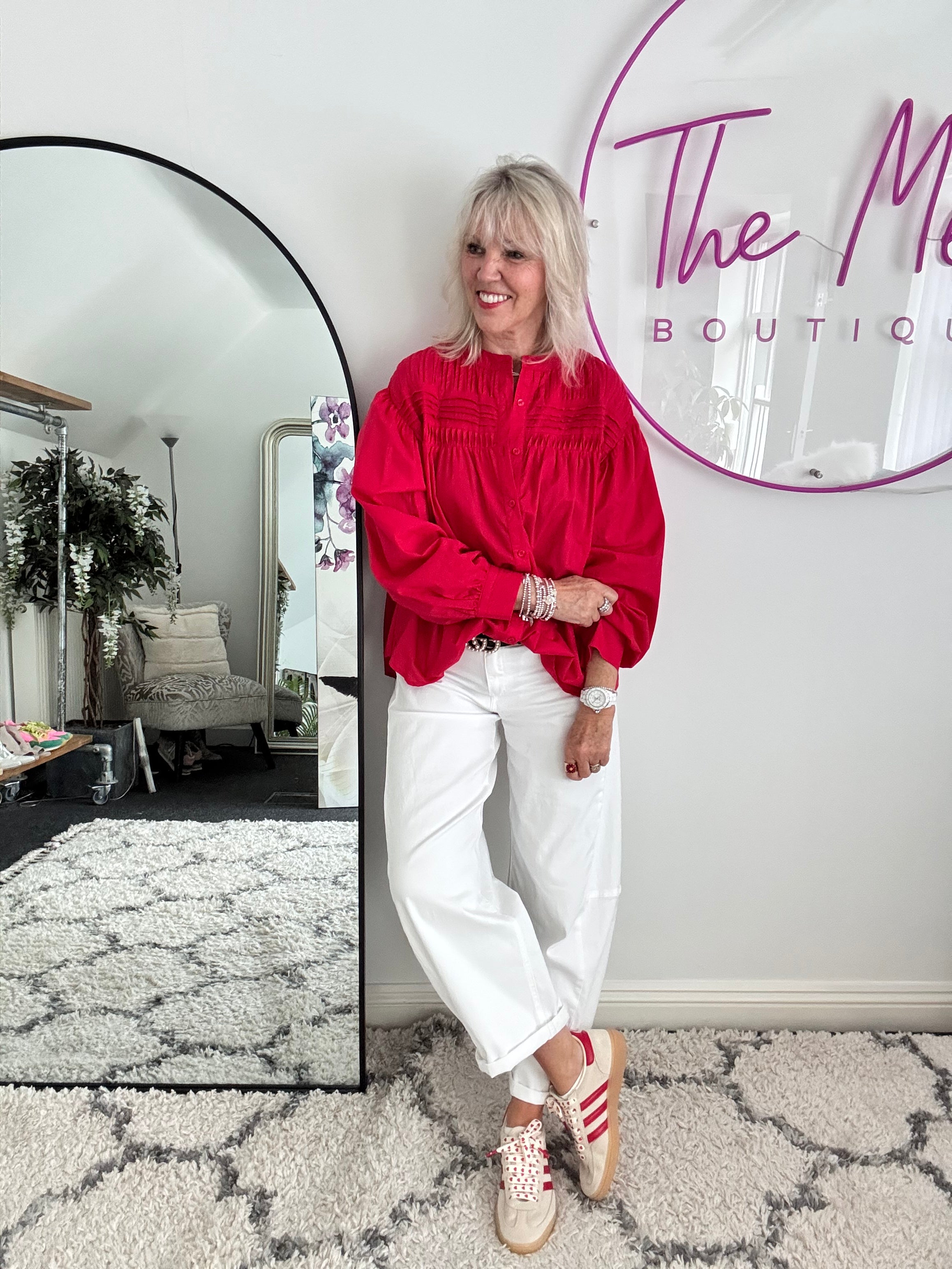 Pintucked Cotton Shirt in Red