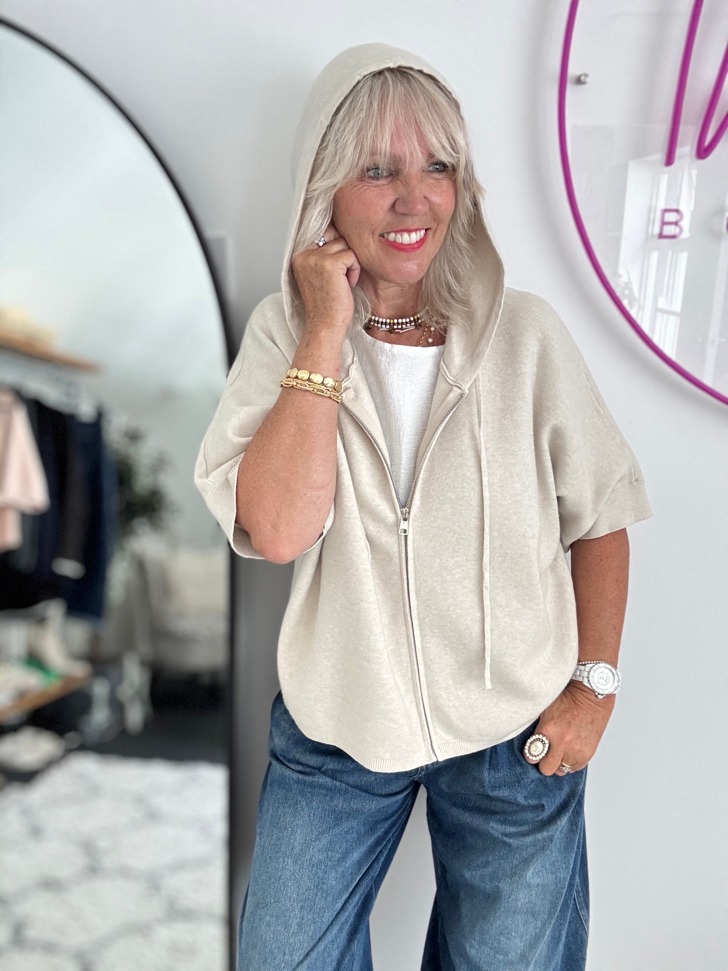 Soft Hooded Zipped Knit in Ecru