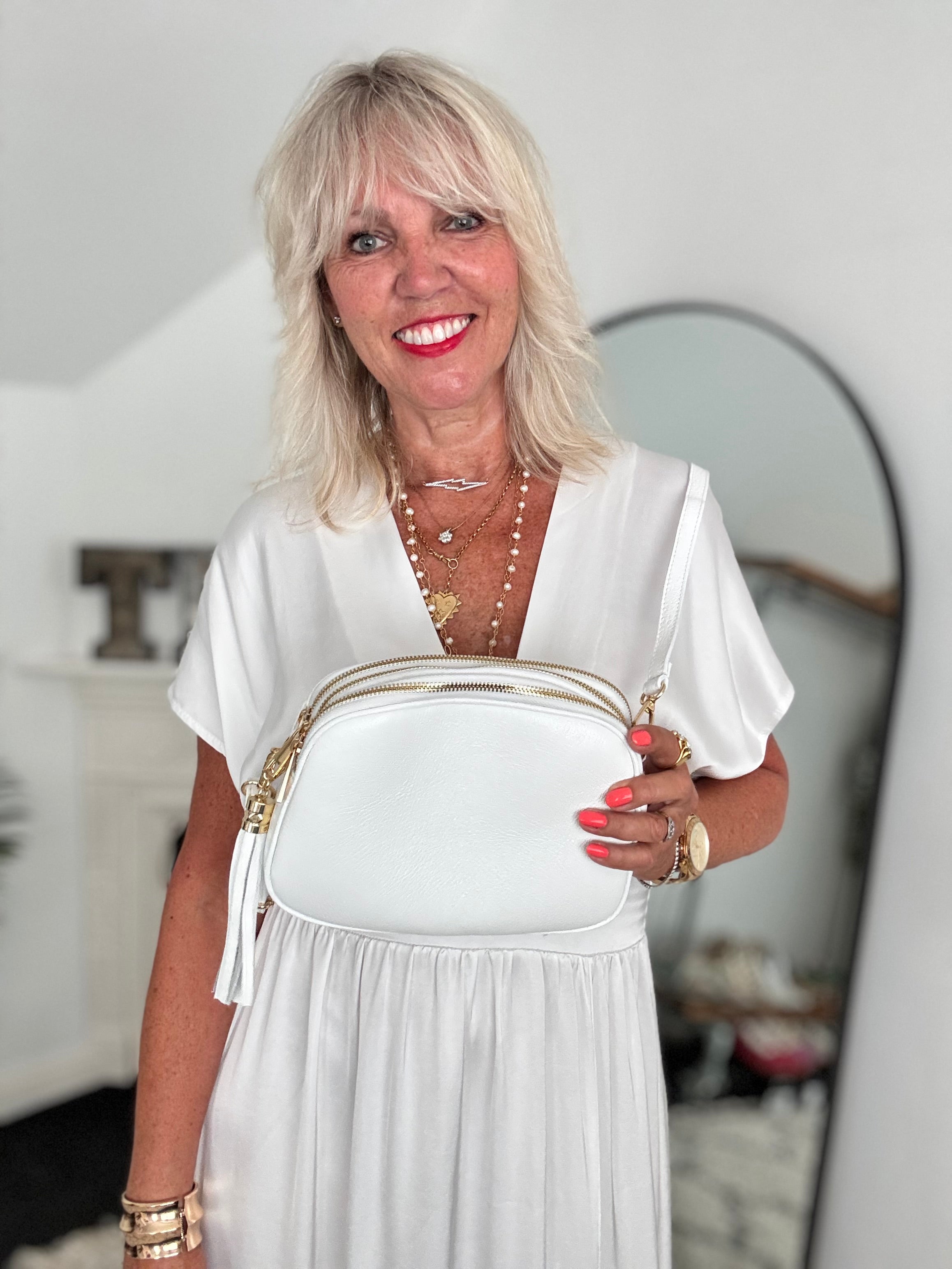 Pebble Leather Crossbody Bag in White