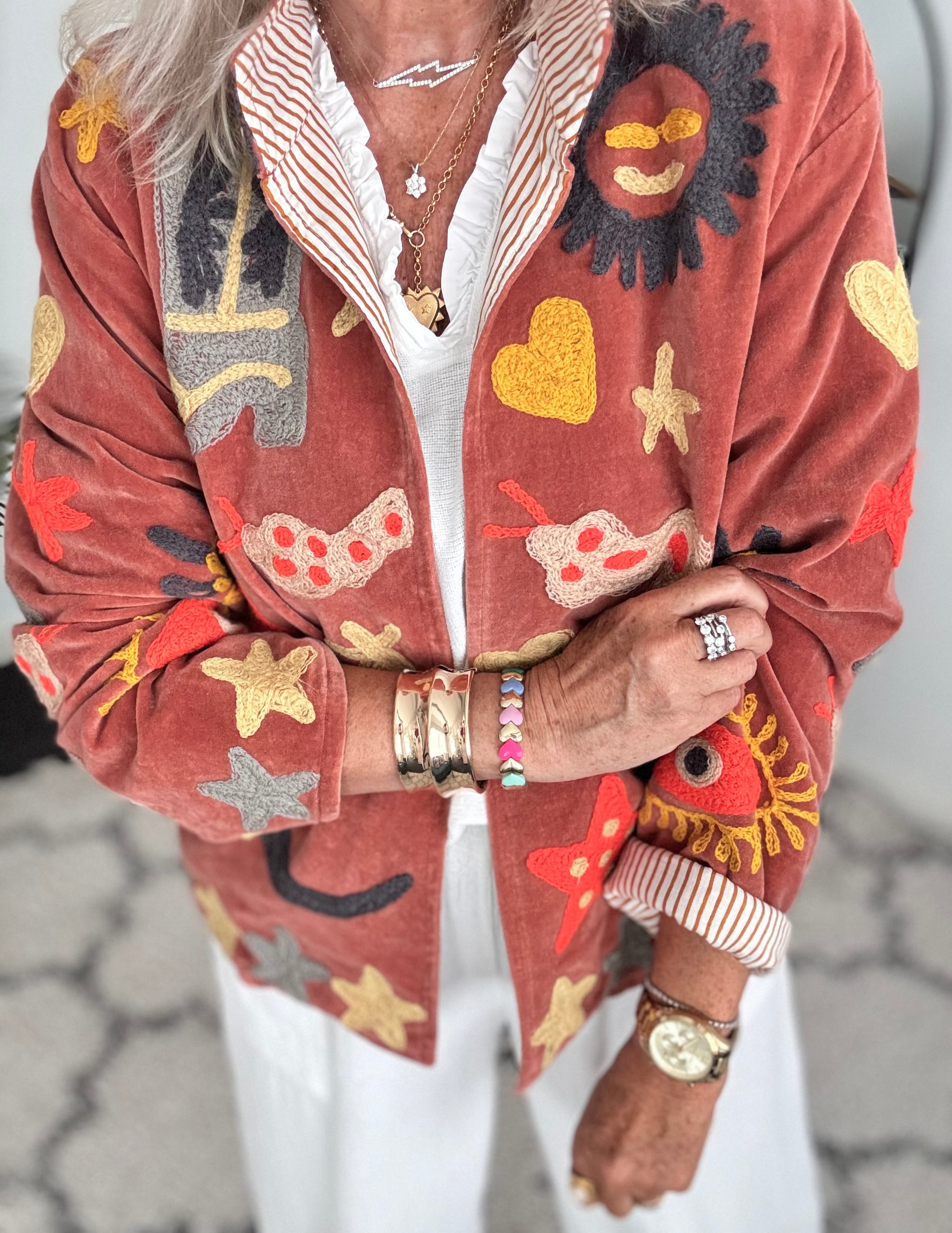 Artisan Velvet Jacket with Appliqued Folk Art in Sienna
