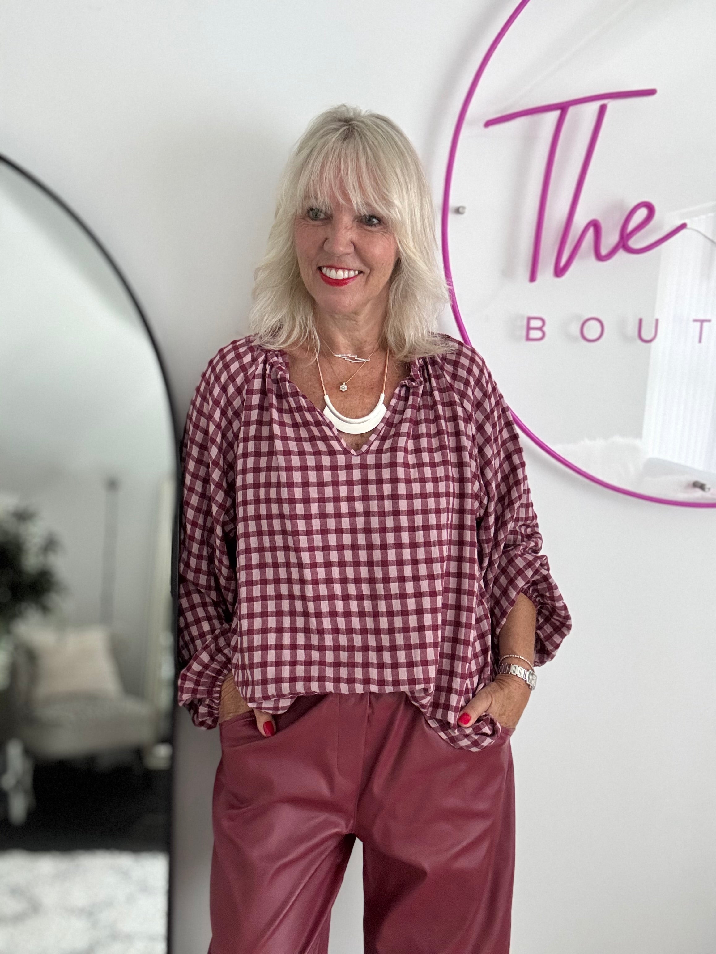 Oversized V Neck Check Top in Berry