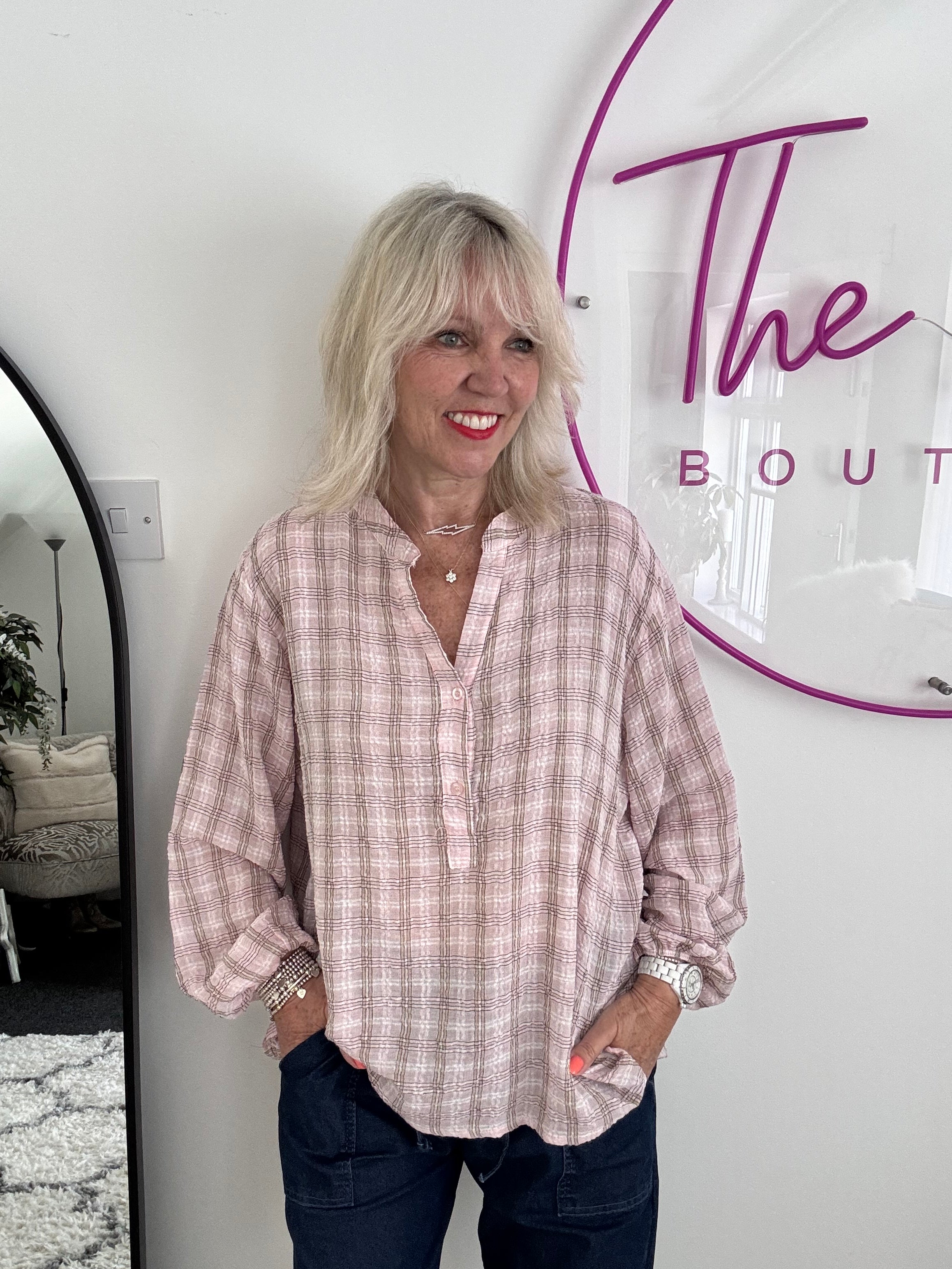 Checked Seersucker Shirt in Pink