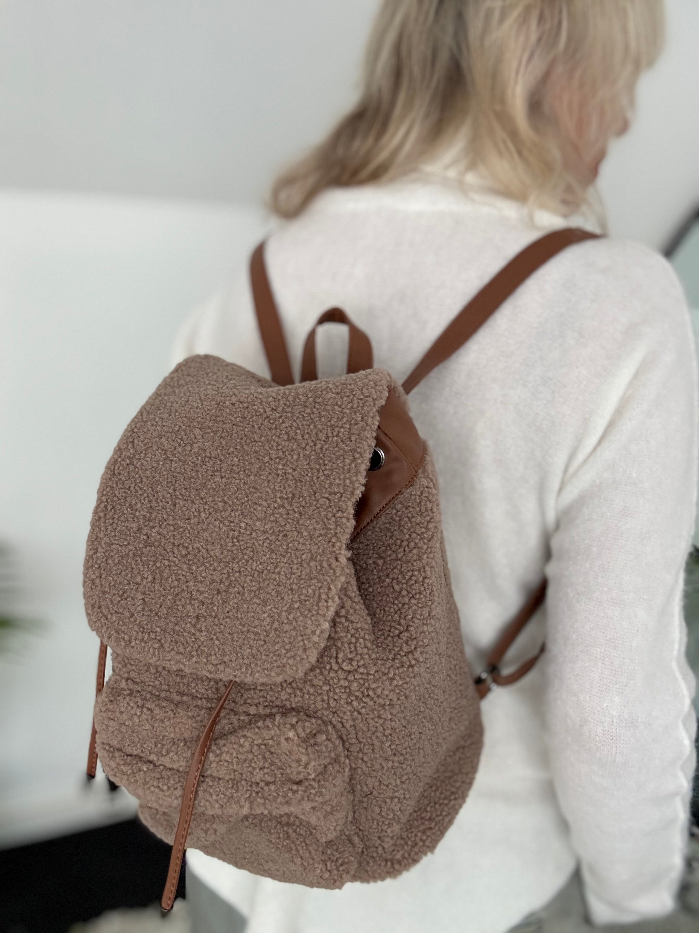 Borg & Vegan Leather Backpack Bag in Mocha