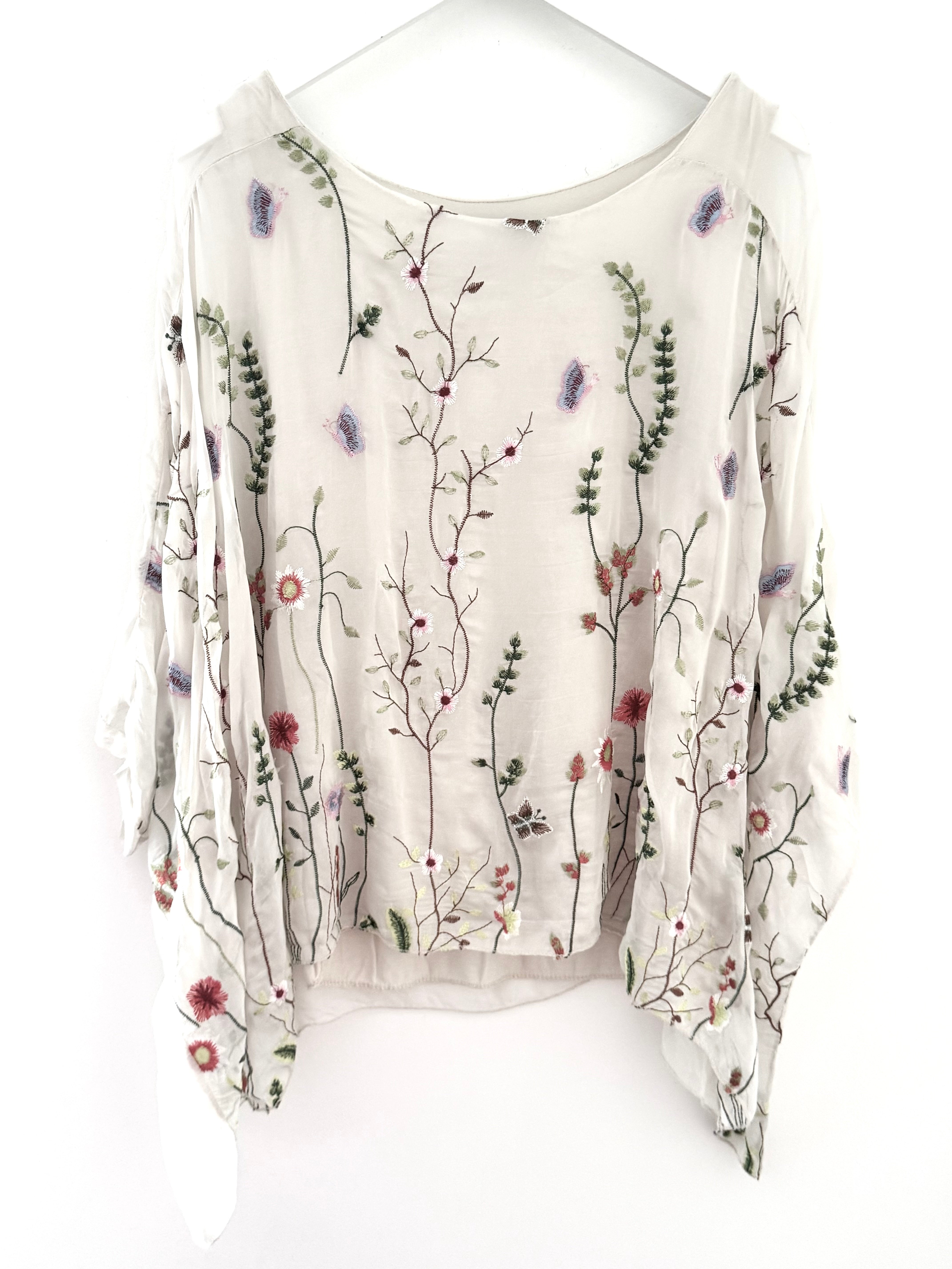 Silk Embroidered Top in Pale Ecru