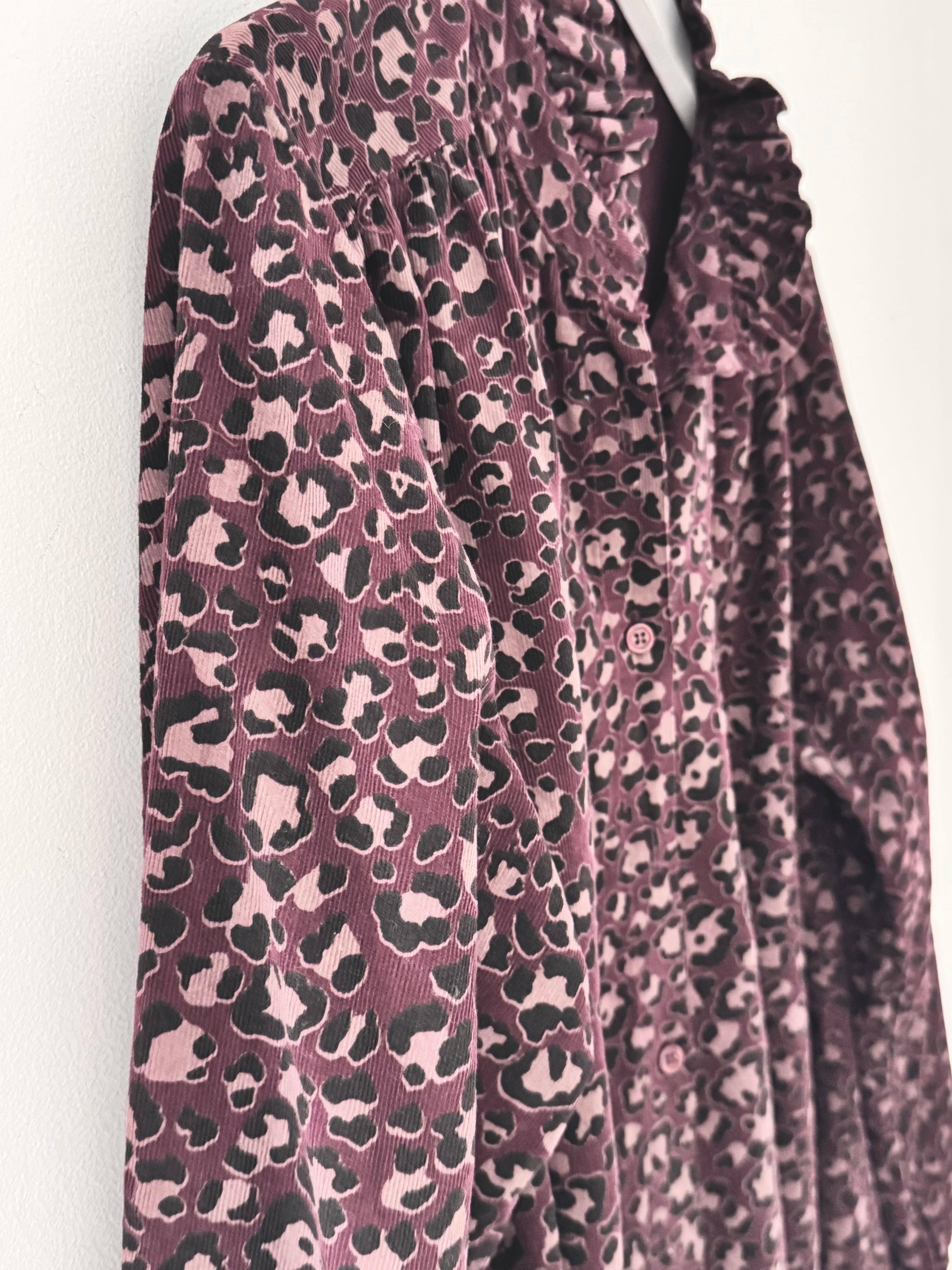Needlecord Ruffle Blouse in Damson Leopard