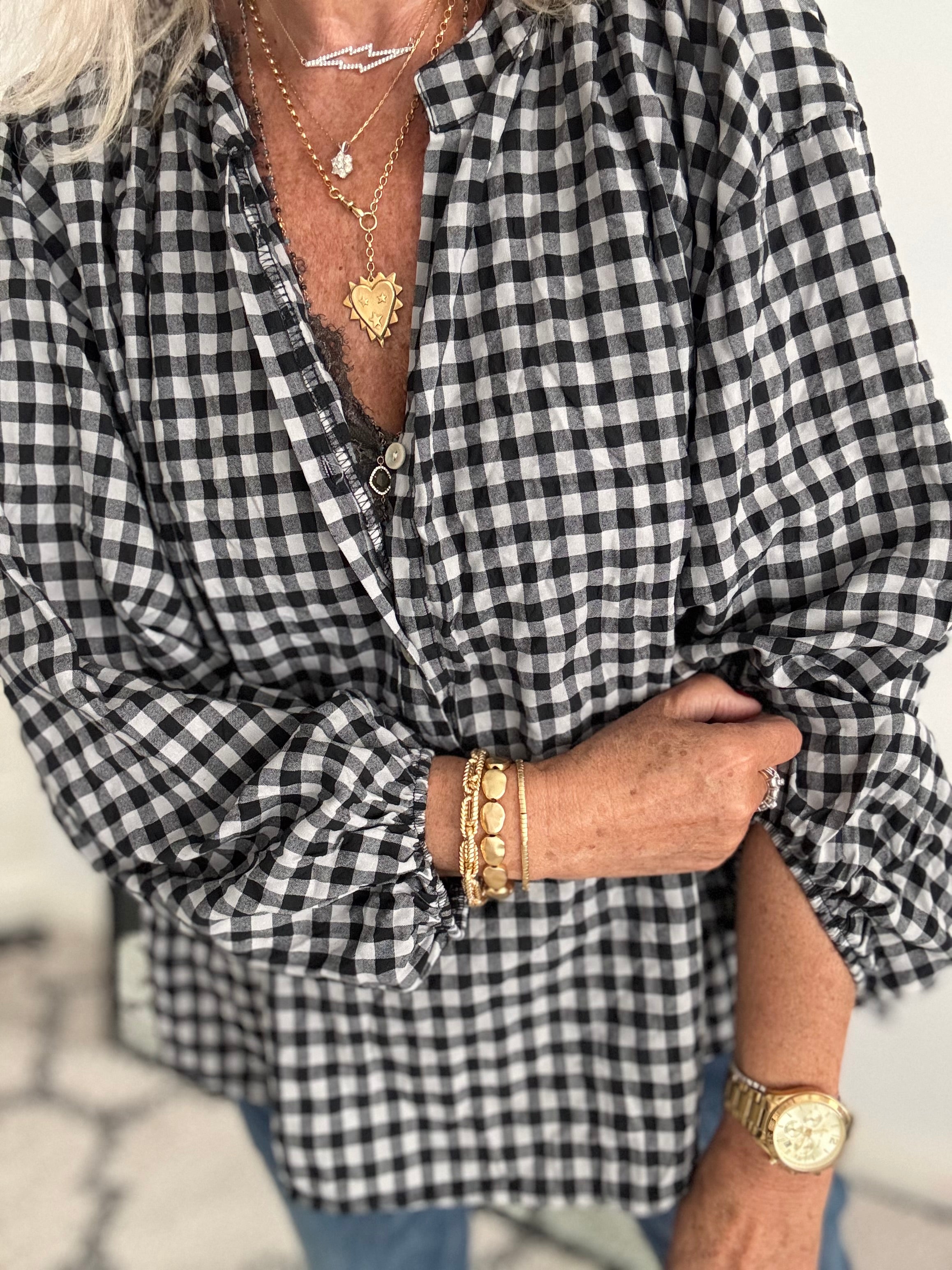 Oversized V Neck Check Top in Black & White